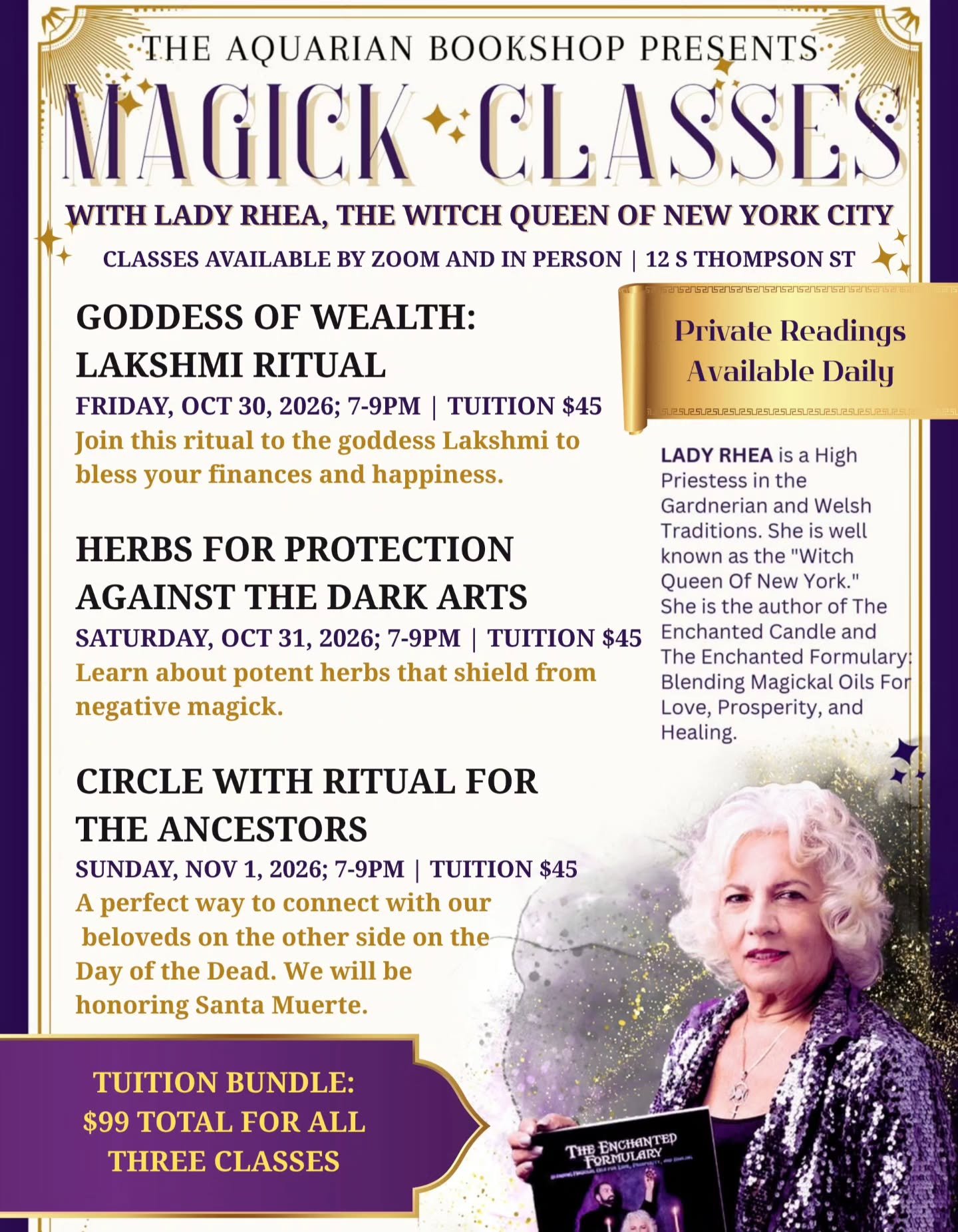 ‼️THE RETURN OF THE WITCH QUEEN IS NEAR‼️

Lady Rhea is due to return late October! Join us for a number of magickal teachings and even book a private reading with her. You can save by signing up for her class bundle if you wish to attend all 3 cours