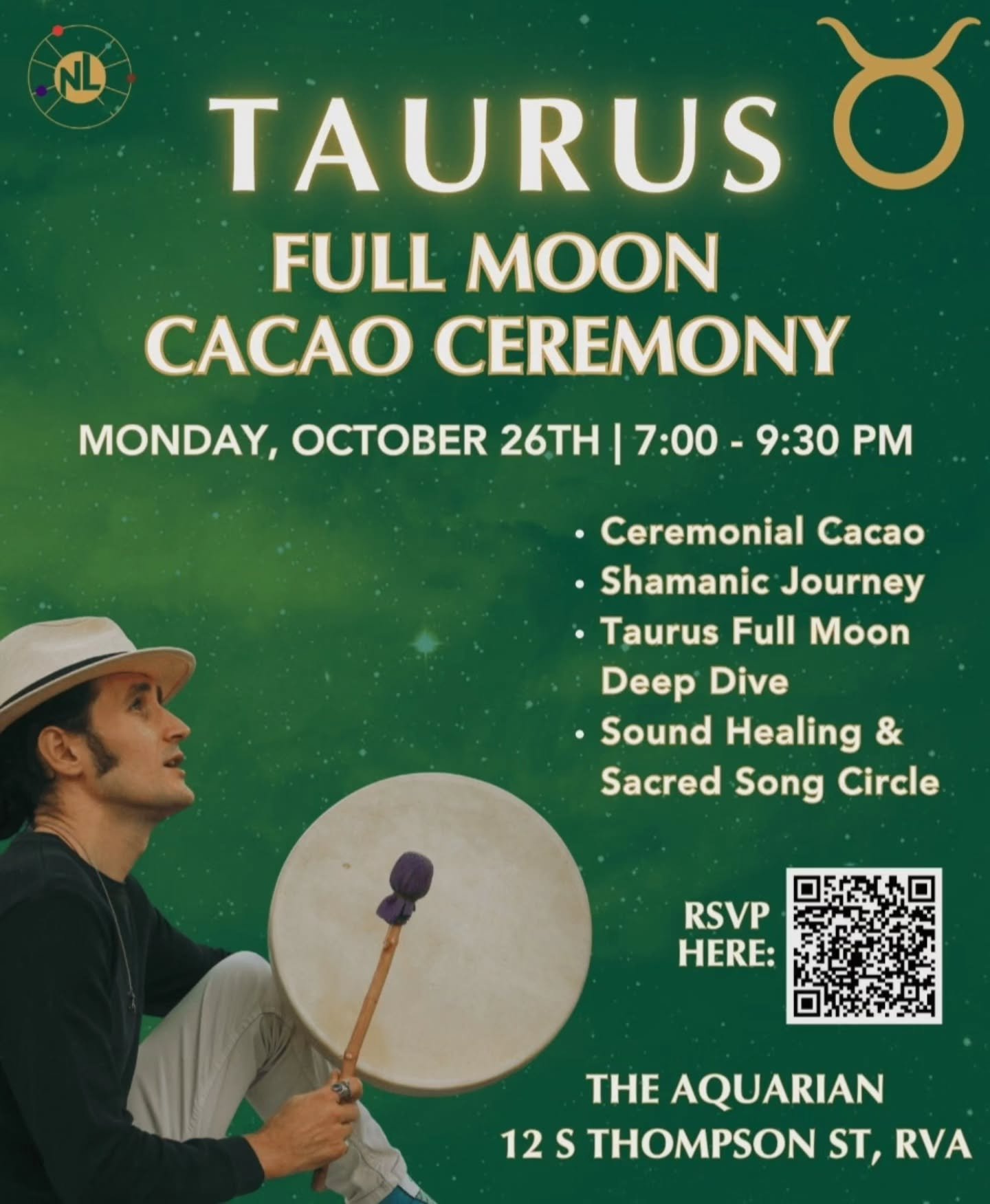 Join RVA Astrologer, Nick Lasky, for a Taurus Full Moon Ceremony with Cacao on October 26th!

Dive deep into the Astrology of the Taurus Full Moon and enjoy the healing properties of Ceremonial Cacao and a sound bath. 😌

Astrology 💫 -- Cacao 🍫 -- 