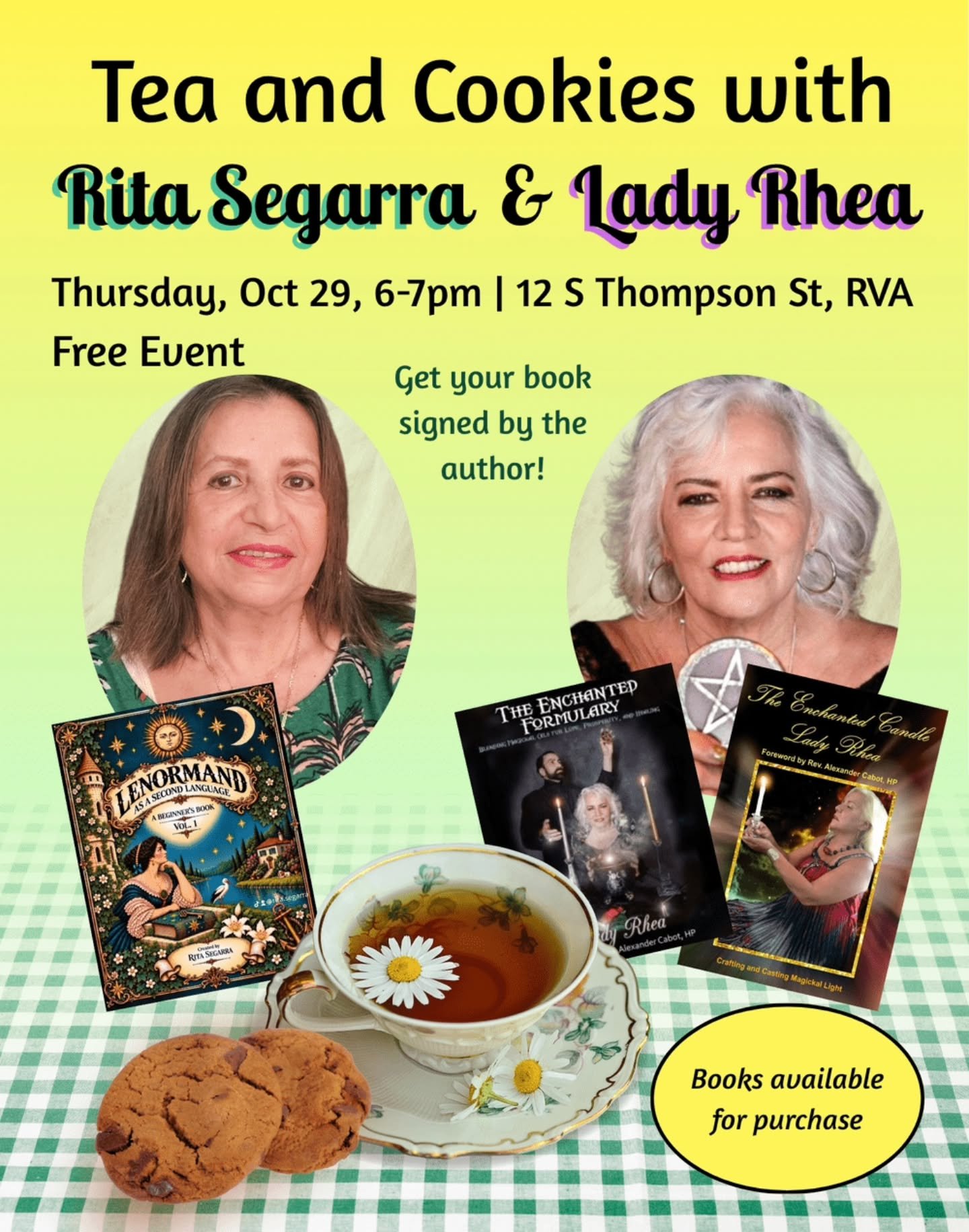 It&rsquo;s Tea time! ☕️🍪📚✨️

 Help us welcome back Rita Segarra &amp; Lady Rhea with an enchanted evening of conversation, book signing, and of course, delicious tea and cookies. 

#rvalocalbusiness #rvacrystalshop #teaandcookies #teatime #booksign