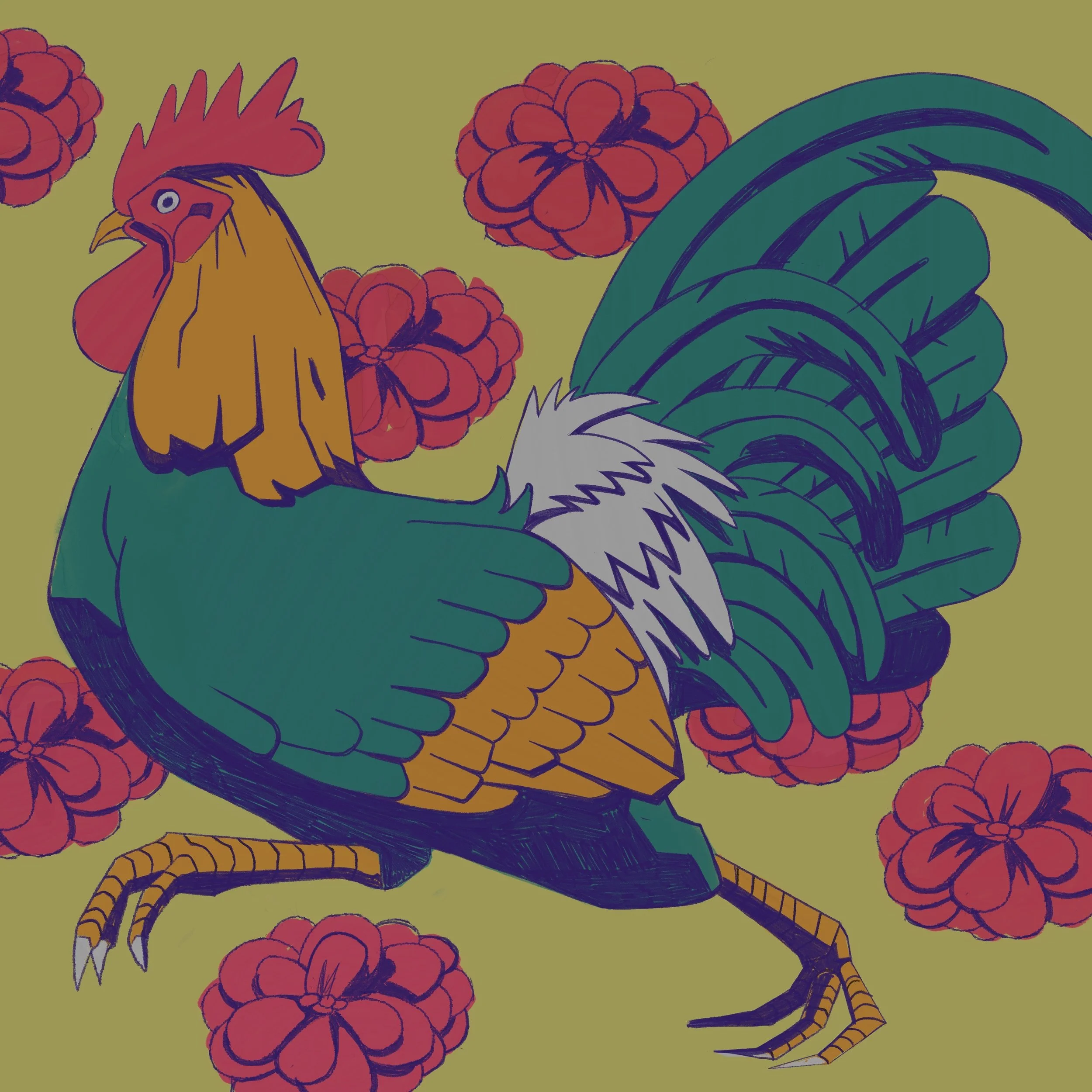 Rooster with camellias
