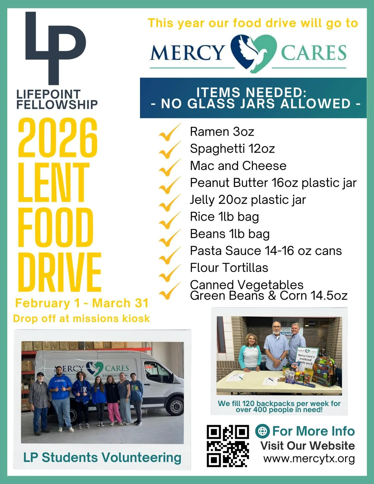 Looking for a place &amp; way to serve? 

We partner with an amazing organization called @mercycarestx 

👉Through March 31st, we are collecting items for a Lent Food Drive! 

Any questions, reach out in the comments or email us at: info@lpf.church

