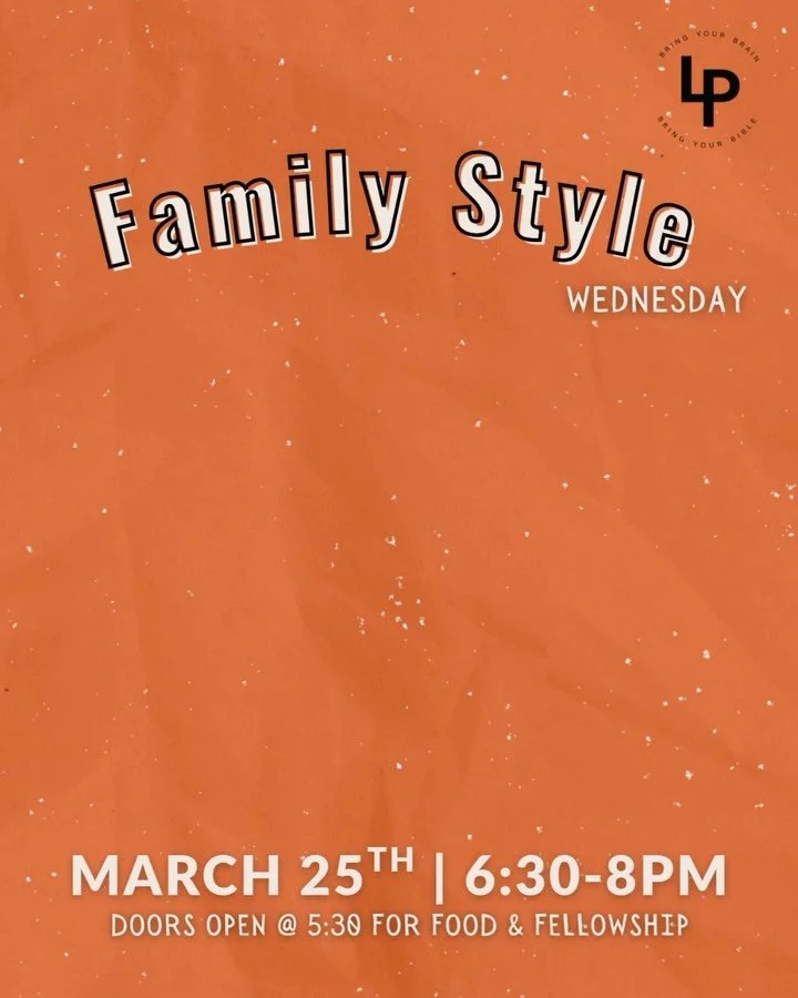 Join us NEXT Wednesday for some good ol&rsquo; Family Time :) 

The Plan: 
  5:30-6:30pm) Food (Baked Potatoes &amp; sides) &amp; Fellowship
  6:30-7pm) Corporate Worship
  7-8pm) Break into Men &amp; Women for Discussion &amp; Prayer

**Childcare: W