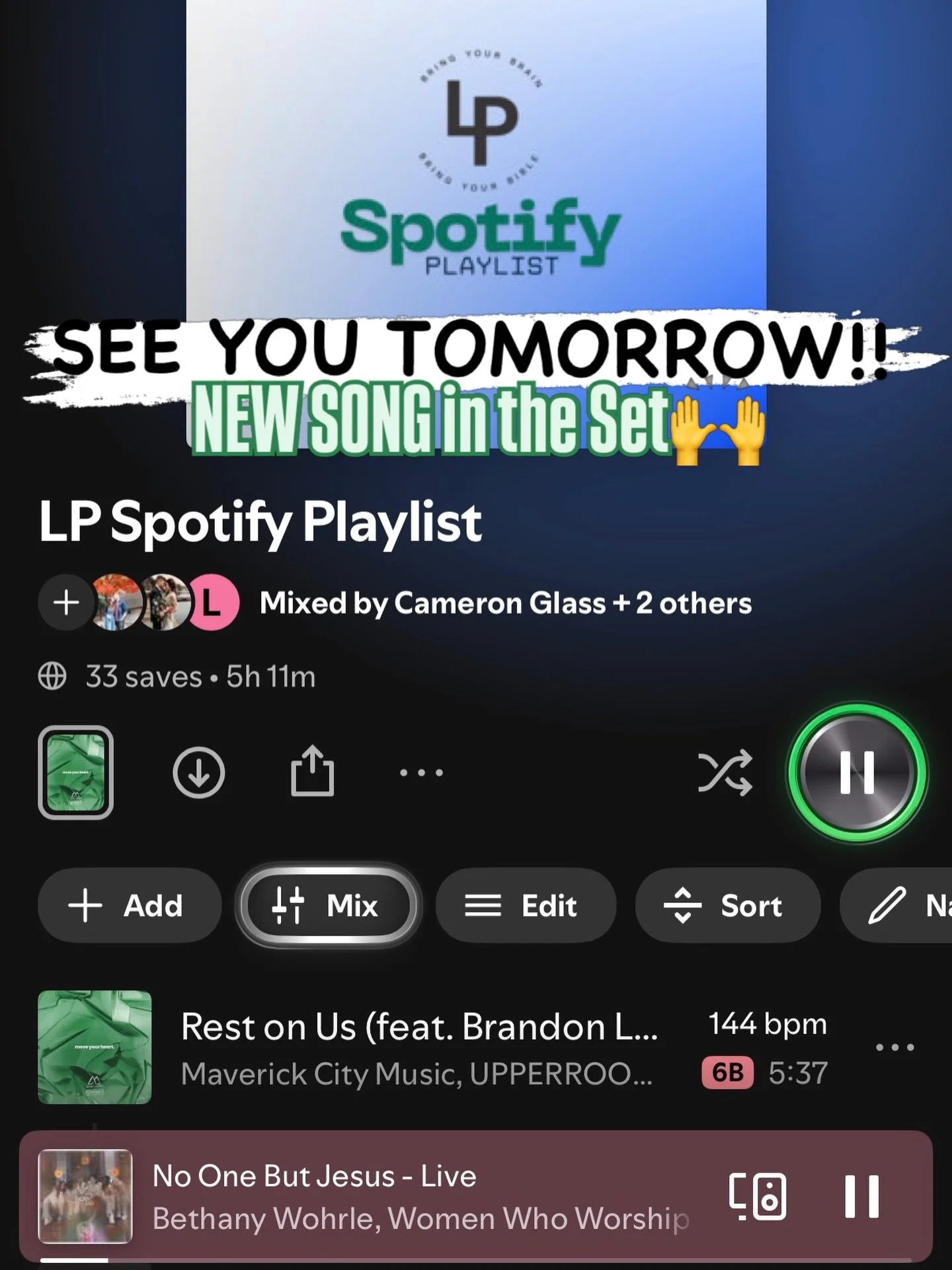 Tomorrow&hellip;

 👉2 Services: 830am &amp; 11am 
 👉New Song for Worship: No One But Jesus

Check the song out &amp; we&rsquo;ll see you there! 

Blessings, friends!