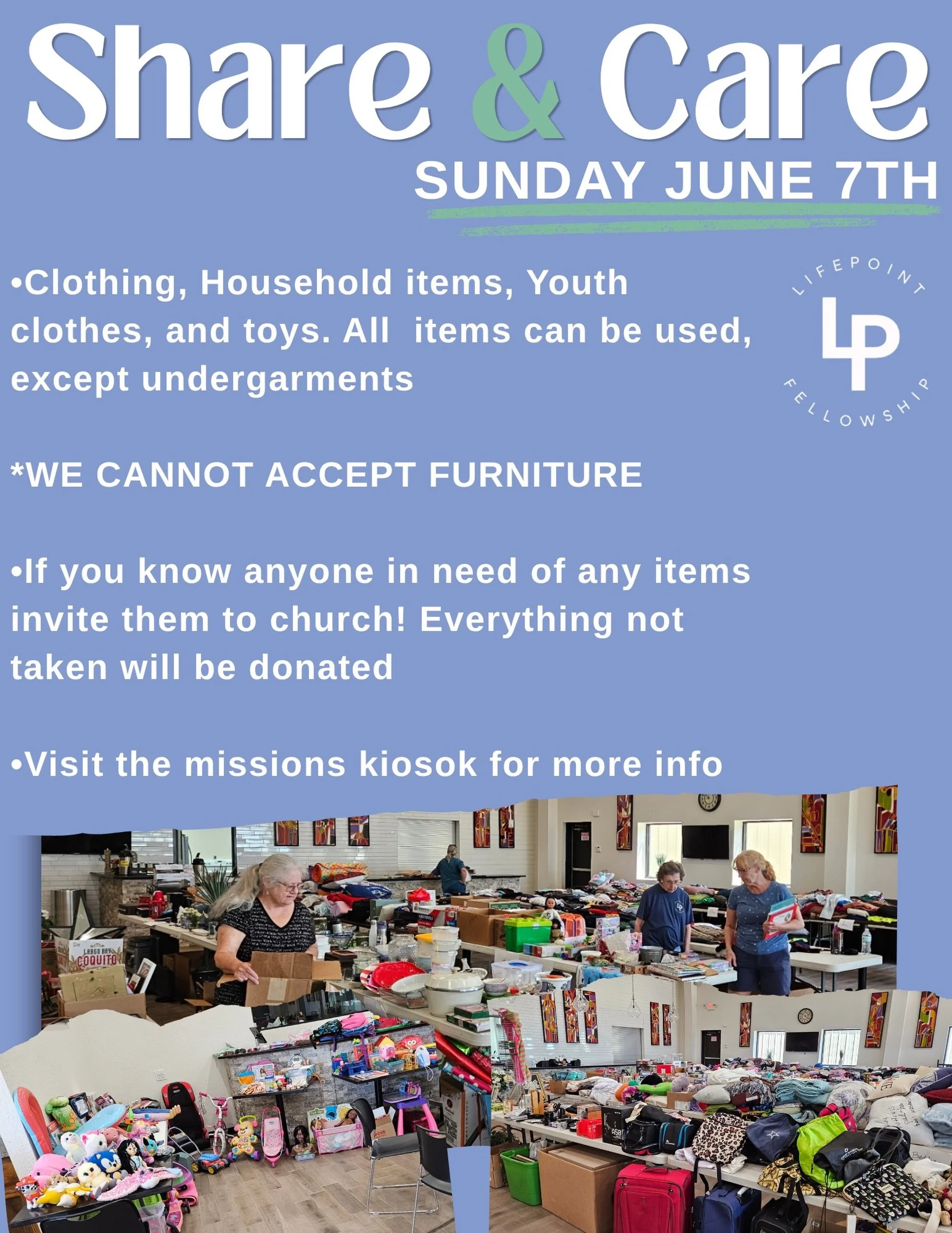 Care &amp; Share Sunday 

👉WHEN: June 7, 2026, after the 11am Service
👉WHERE: Fellowship Hall
👉WHAT: Come give, come take, and come be a part of something good. After service on June 7th, we are opening up the Fellowship Hall for our Caring &amp; 