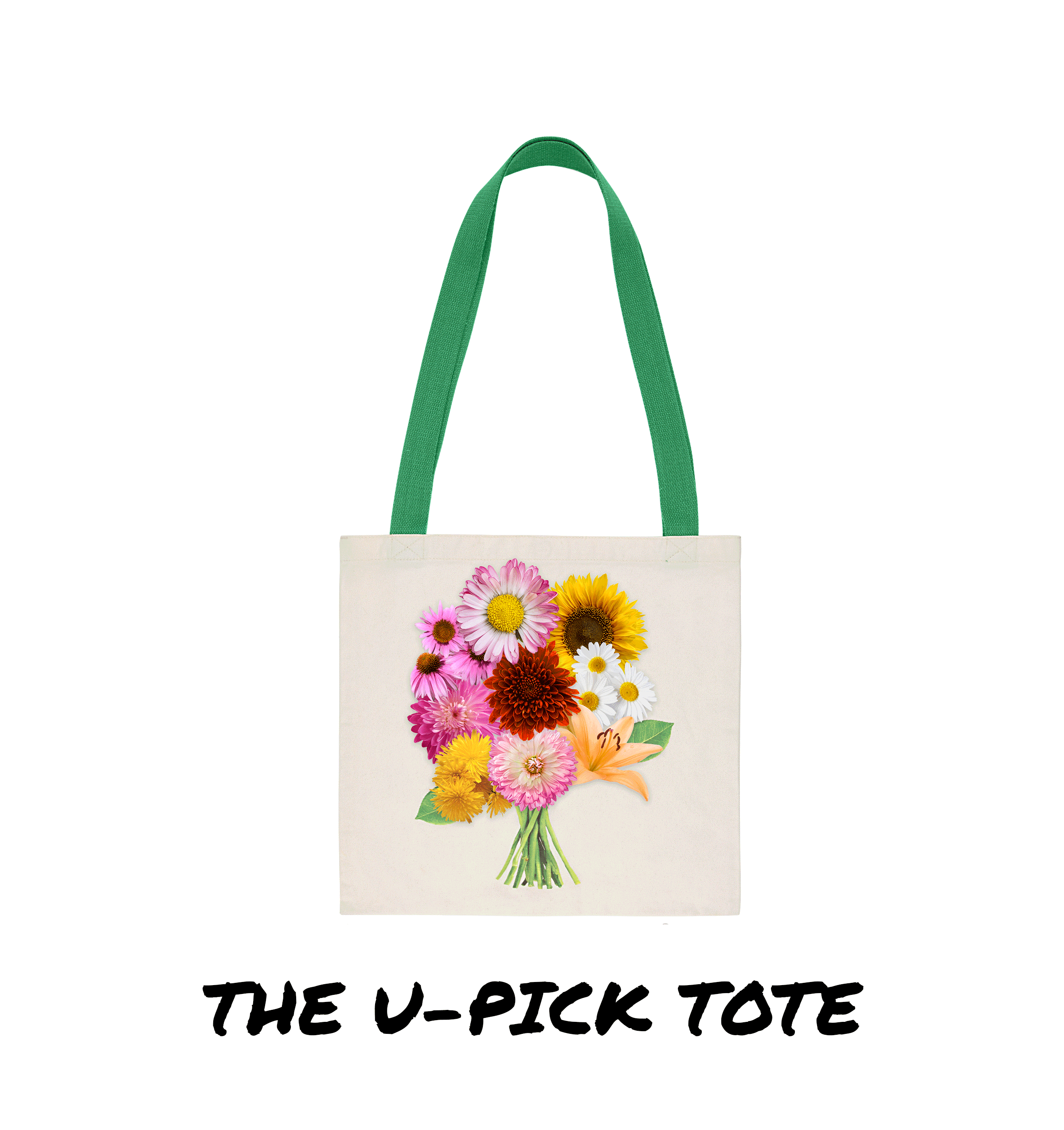 A tote bag with a colorful flower arrangement and the text "THE U-PICK TOTE" on it.