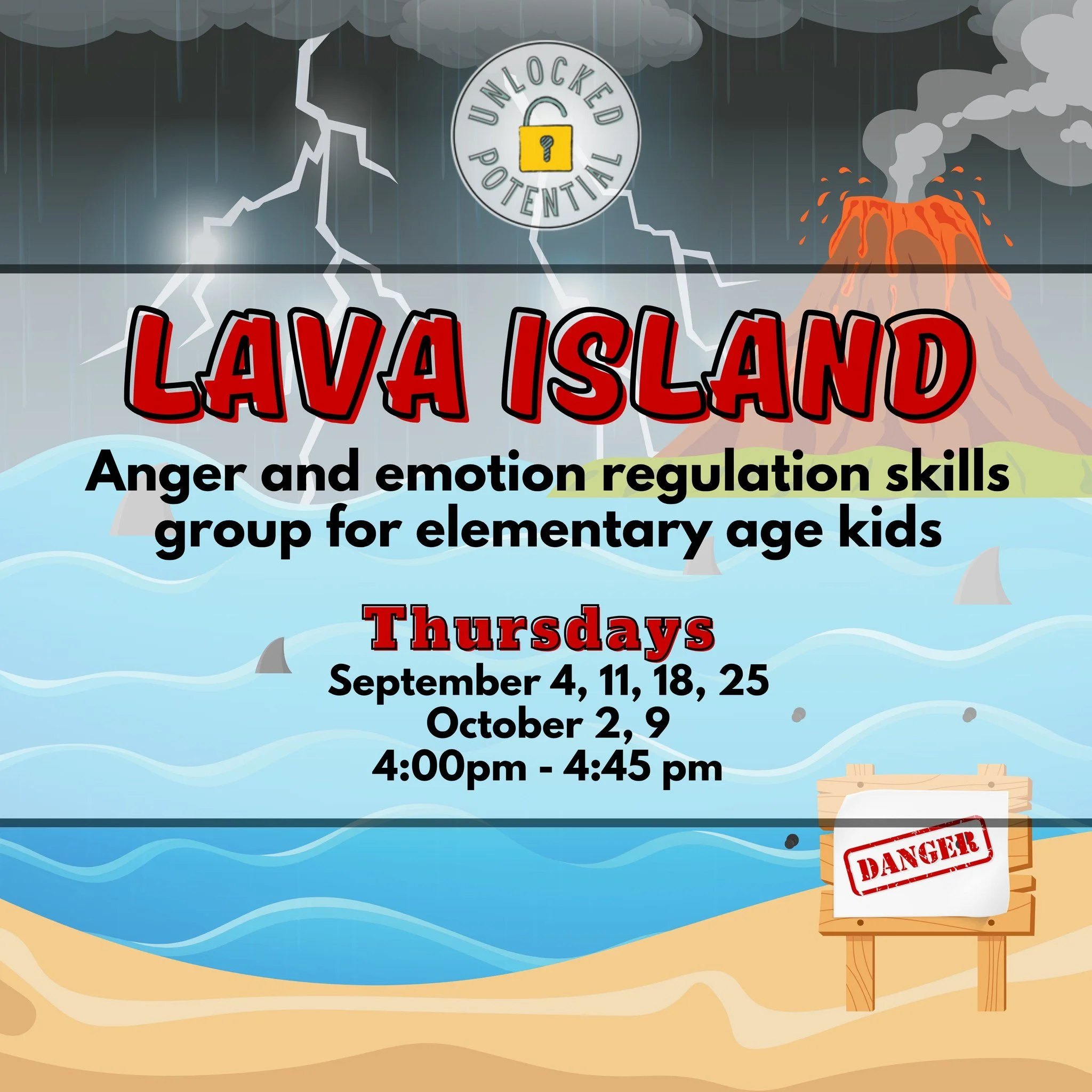 Is your child struggling with anger 😡, frustration 😤, or emotional outbursts 🤯? Join us this fall on 🌋 Lava Island 🦈, a fun and supportive group where elementary-age kids learn how to manage their emotions, cool down hot feelings, and build stro