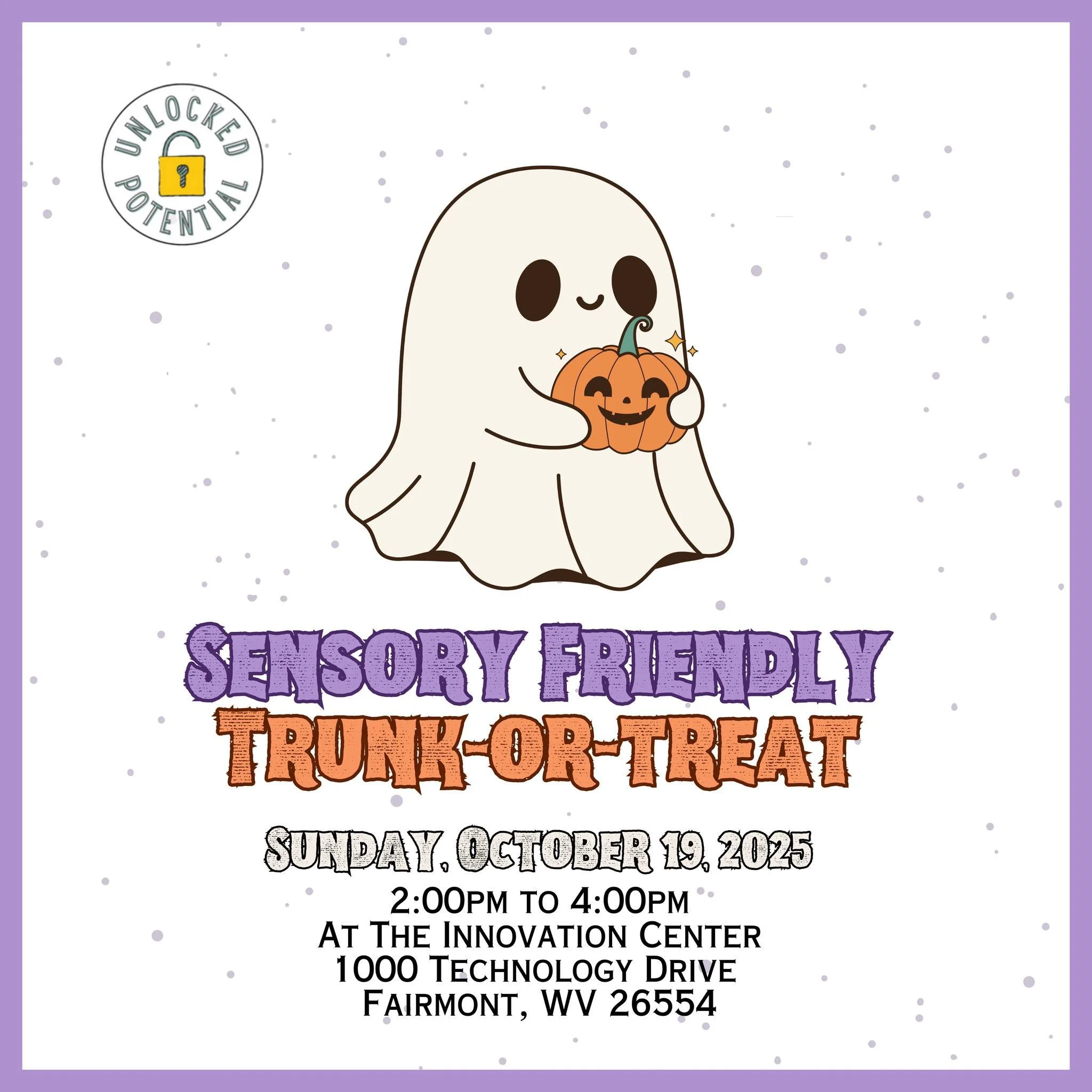 Join us for a 👻 spooky 🕸 good time! Our sensory friendly trunk-or-treat is Sunday, October 19th from 2:00pm-4:00pm. We hope to see you there! 🎃