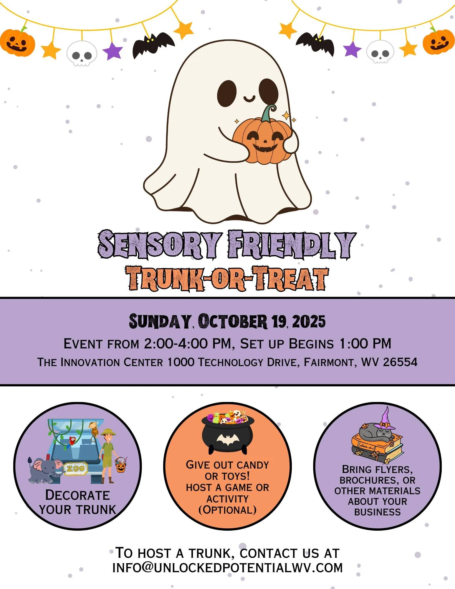 ⚠ Local businesses and Halloween lovers! We are hosting our annual Trunk or Treat at the Innovation Center in Fairmont, WV, on October 19 from 2-4 PM. We need more trunks to make the day spooktacular for the community! If you want to join us by hosti