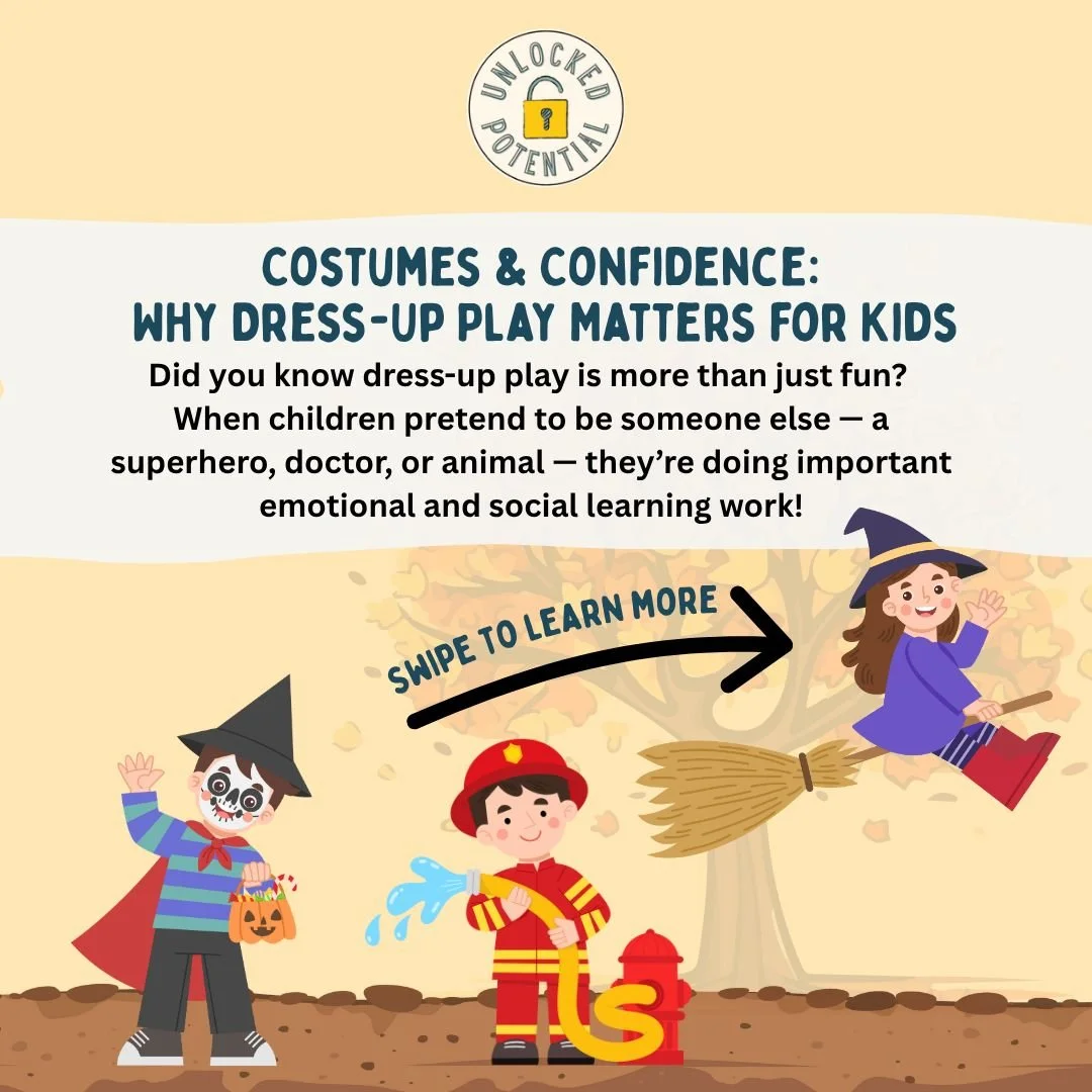 Most kids like dressing up, especially this time of year 🎃🍂... but have you ever wondered why? Piaget said "Play is the work of children." When children imagine who and what they can be, they are working their brains more than we know 💭