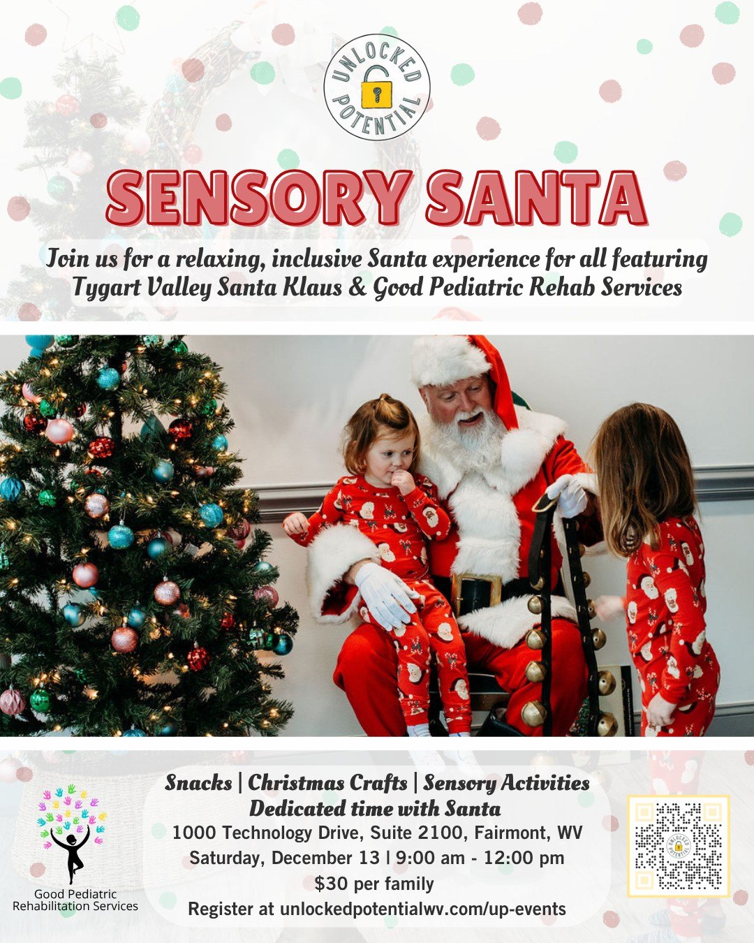 It&rsquo;s the most wonderful time of the year! ❄️ Join us for a relaxing, inclusive Santa 🎅 experience for all, featuring Tygart Valley Santa Klaus &amp; @good_pediatric_rehab. Families will have dedicated time with Santa and the chance to create f