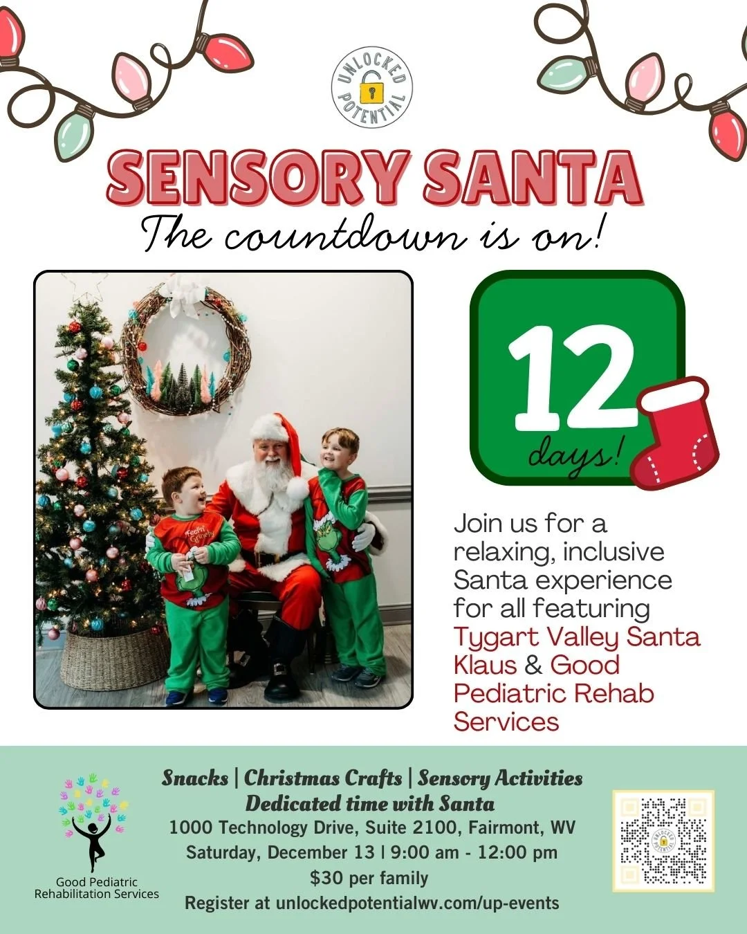 We are counting down the days until Tygart Valley Santa Klaus 🎅🏽 joins us and @good_pediatric_rehab for our Sensory Santa event 🎄⛄🤶❄️. Limited time slots available. Register at www.unlockedpotentialwv.com/up-events 

Your kiddo doesn't need a dia