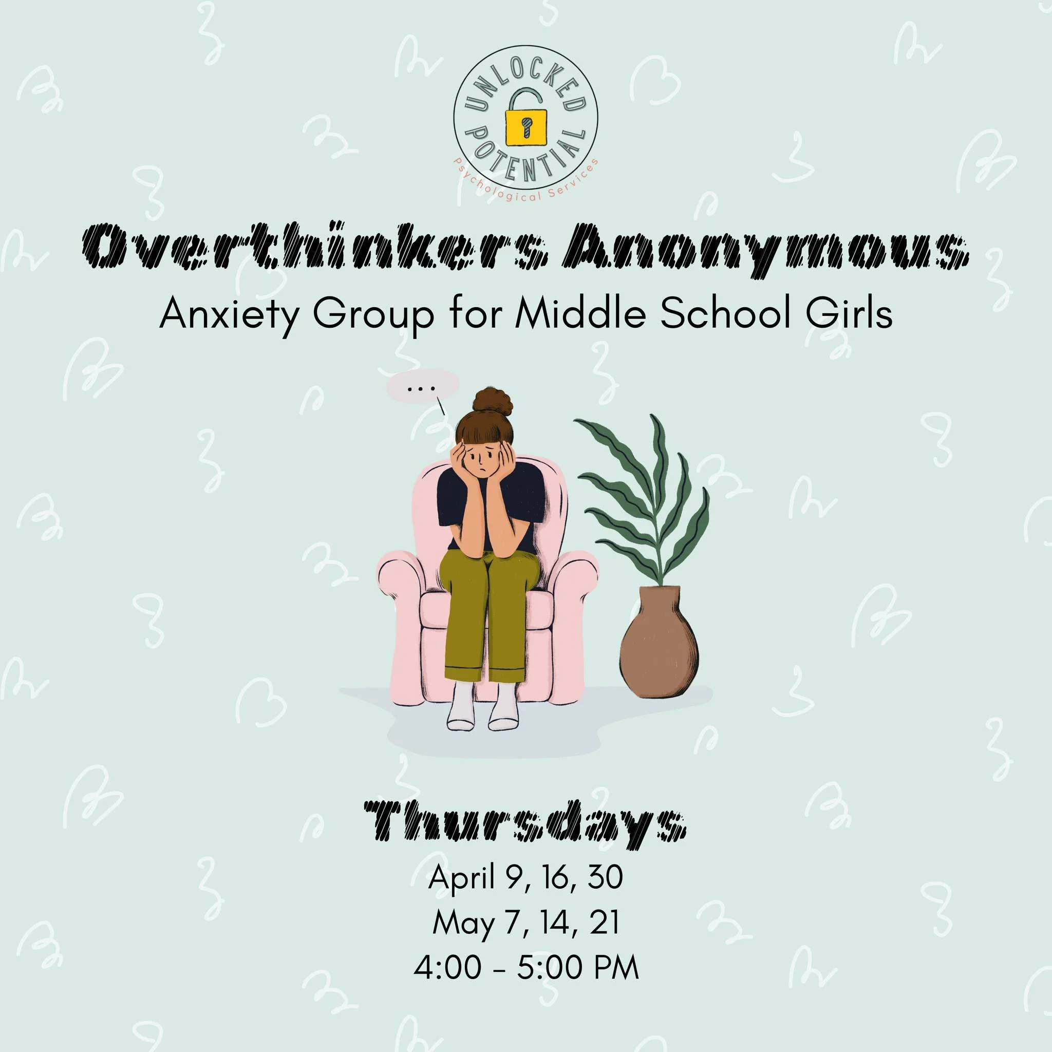 Do you have a middle school girl struggling with 😥 anxiety 🫣? Join us for 😰 Overthinkers Anonymous 💭, an anxiety-focused regulation group for uniquely designed for the challenges girls face in middle school. Spots are limited, so call our office 