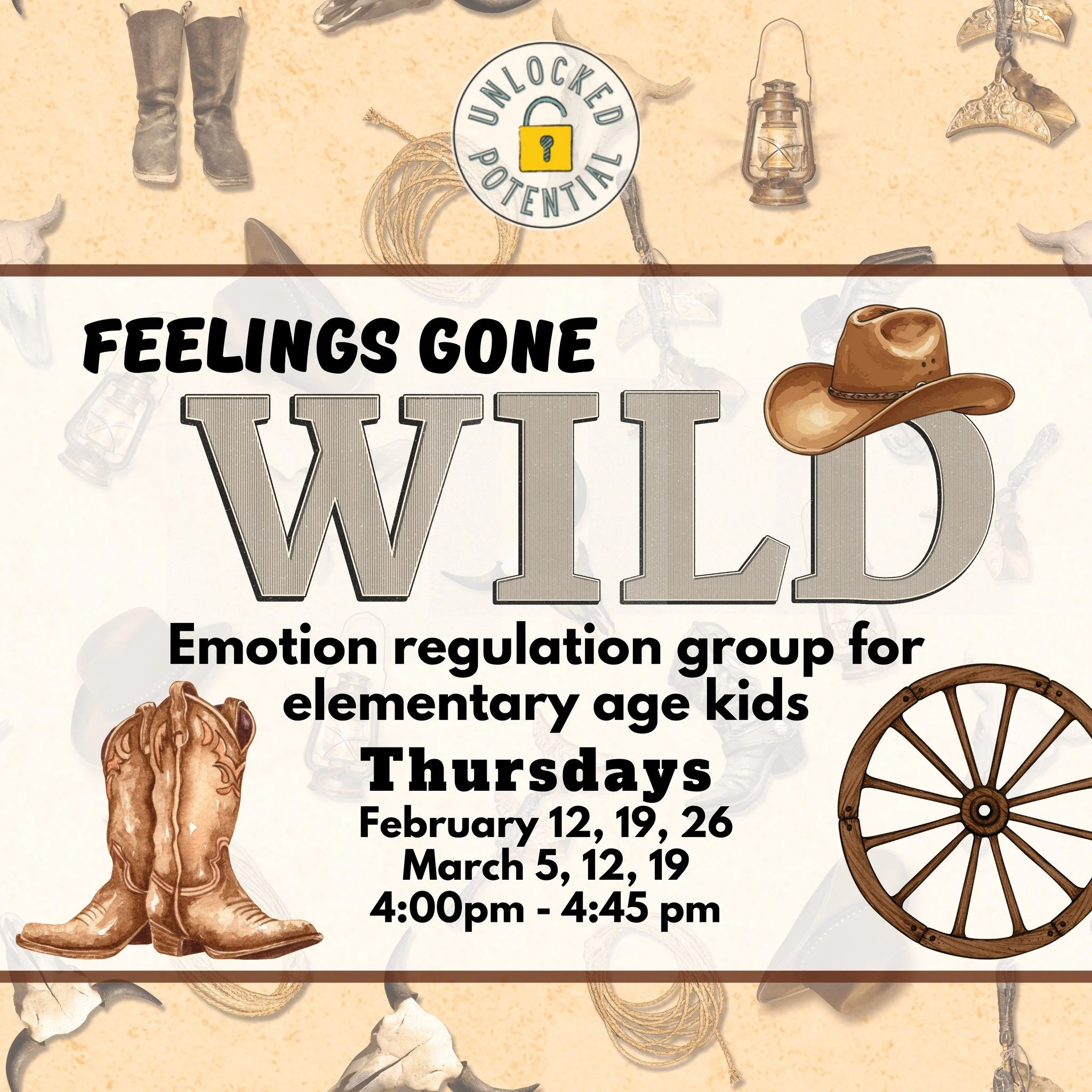 Does managing your child's emotions feel like the wild, wild west 🐴? Join us as we wrestle up coping skills in our 🤠 Feelings Gone Wild 🤠 emotion regulation group for elementary age students. Spots are limited, so call our office to sign up today!