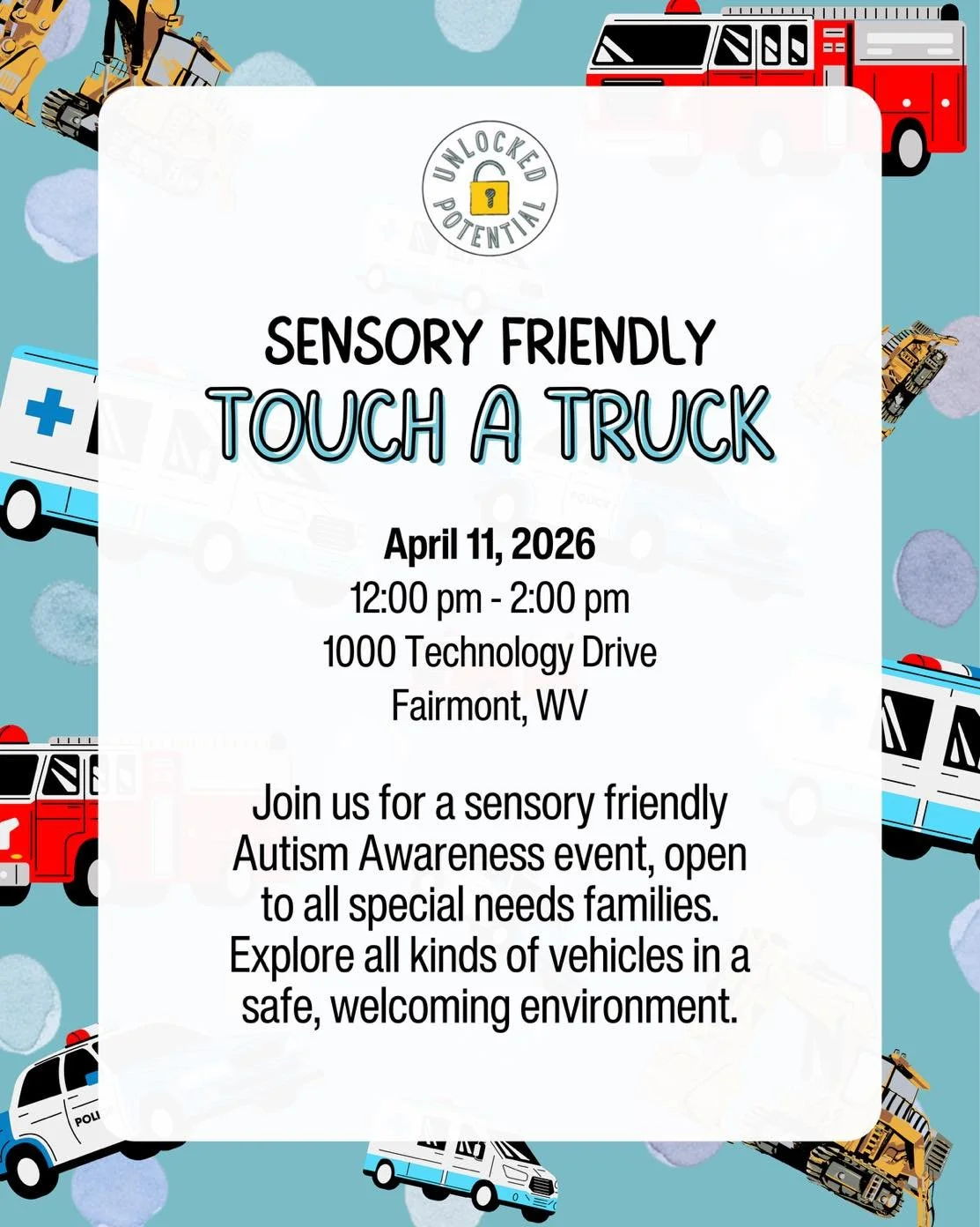 Join us for a sensory friendly 🚒 Touch-a-Truck 🚑 event as part of 💙 Autism Awareness and Acceptance 💙 month! We will have fire trucks 🚒, police cars 🚔, ambulances 🚑, and construction vehicles 🚜, as well as our friends from Project Lifesaver a