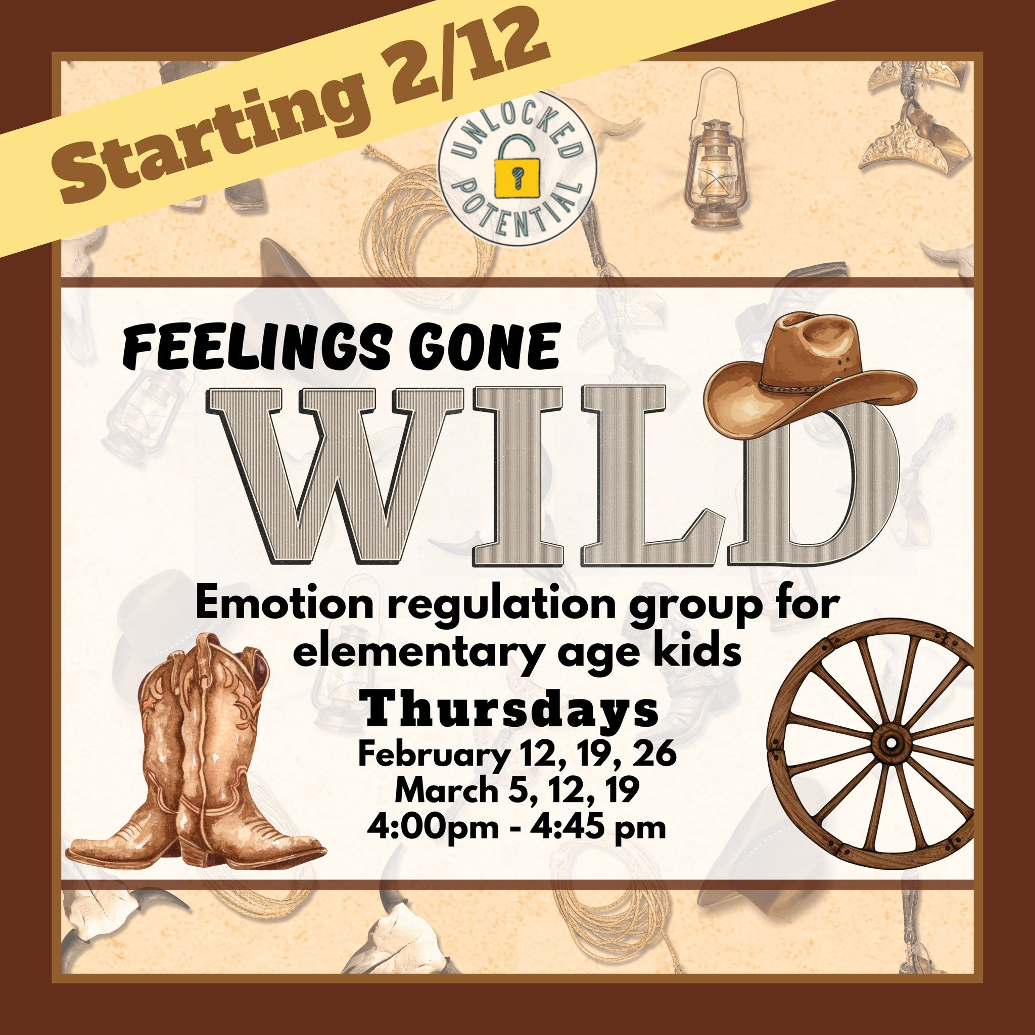 Don't miss the rodeo! 🐴  Join us as we wrestle up coping skills in our 🤠 Feelings Gone Wild 🤠 emotion regulation group for elementary age students. Spots are limited, so call our office to sign up today!

📞 (304) 207-0060
✉ info@unlockedpotential
