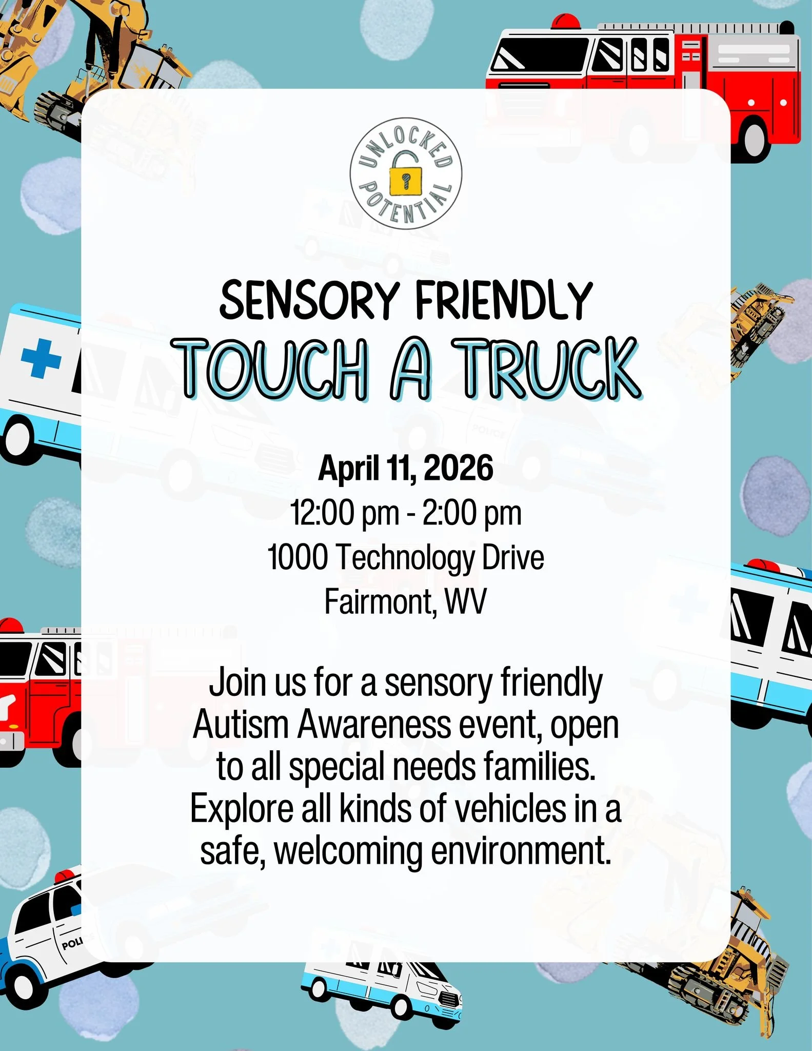 Join us TOMORROW for our sensory-friendly 🚓 Touch a Truck 🚒! We can't wait to explore all different types of 🚑 vehicles 🚜 with you. 

🔐🆙

#touchatruck #autismawareness #ncwv
