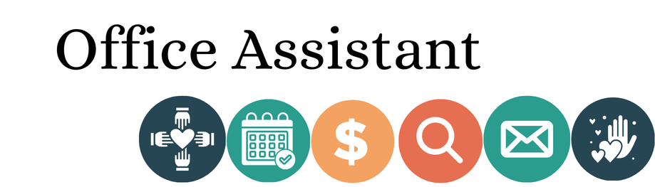 Icons representing various office assistant tasks including communication, scheduling, finance, search, email, and customer service, with the title 'Office Assistant' above.