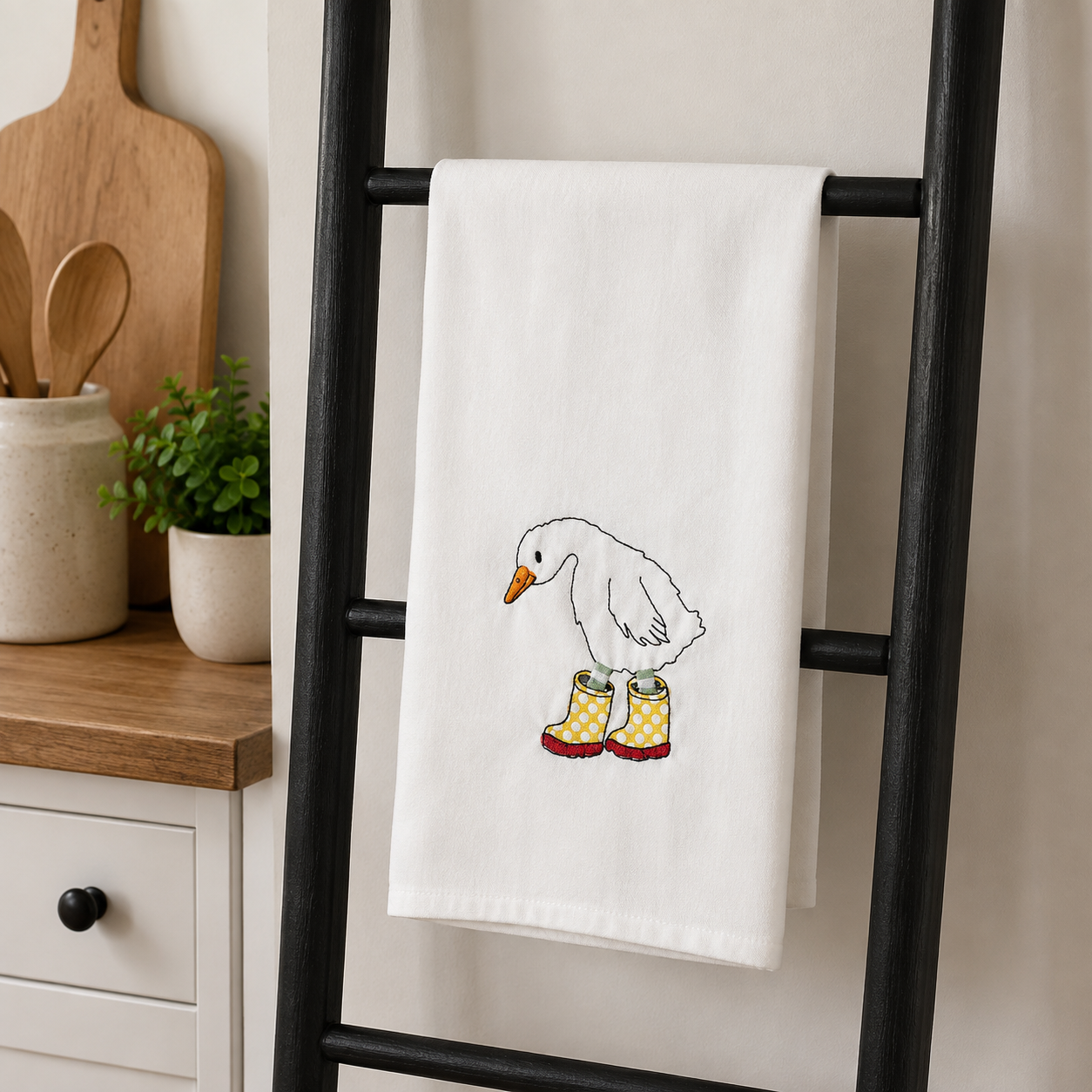 Goose in Rain Boots Embroidered Tea Towel