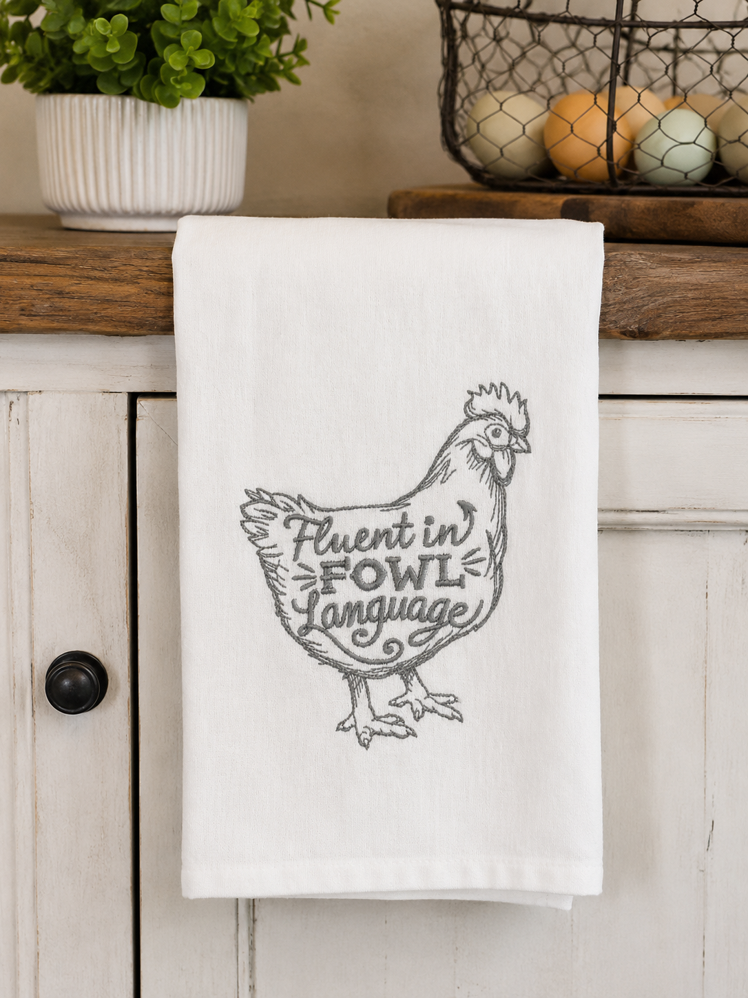 Fluent in Fowl Language Embroidered Chicken Tea Towel