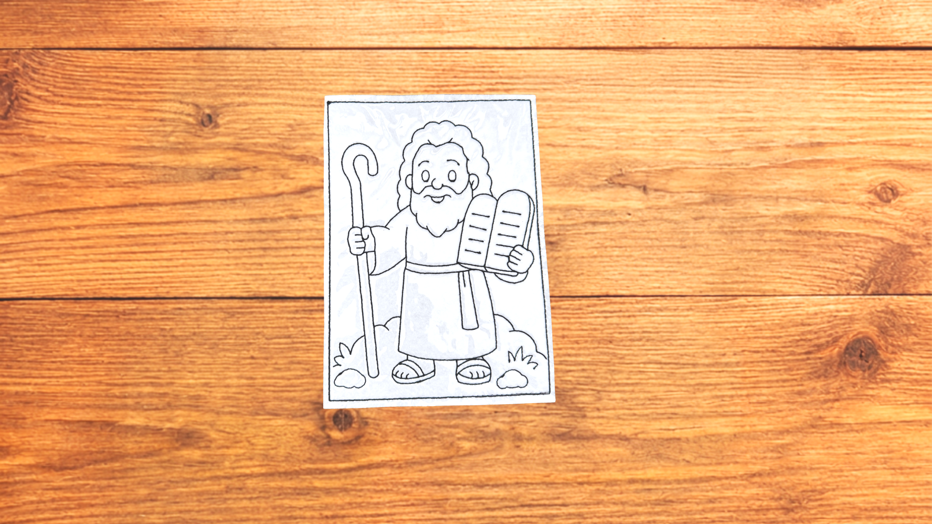 10 commandments reusable Bible Story Coloring Cutie activity card on wooden background