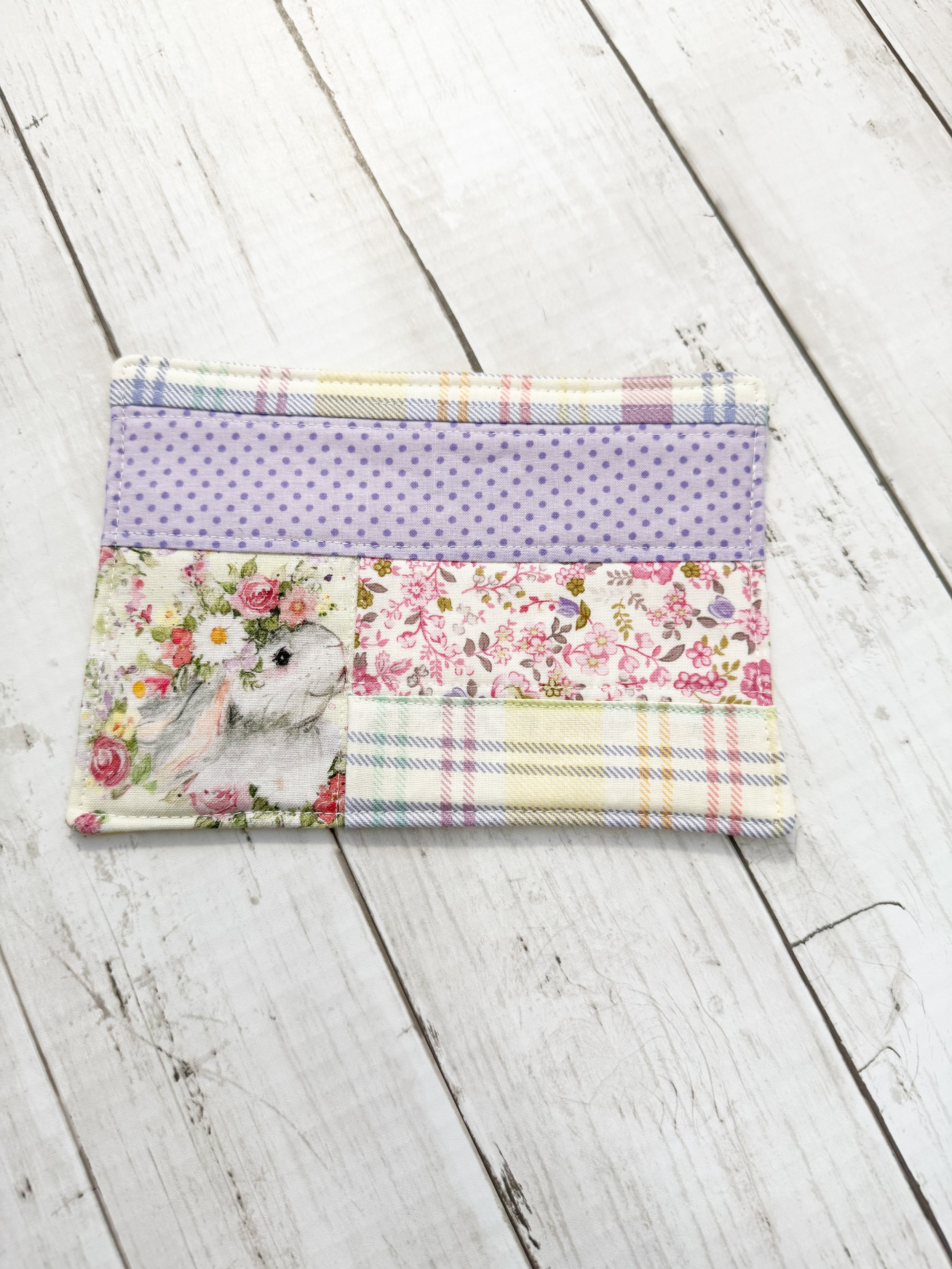Scrappy Bunny with Flowers Mug Rug in assorted styles, Scrappy Mug Rug, Spring Mug Rug, Bunny Mug Rug