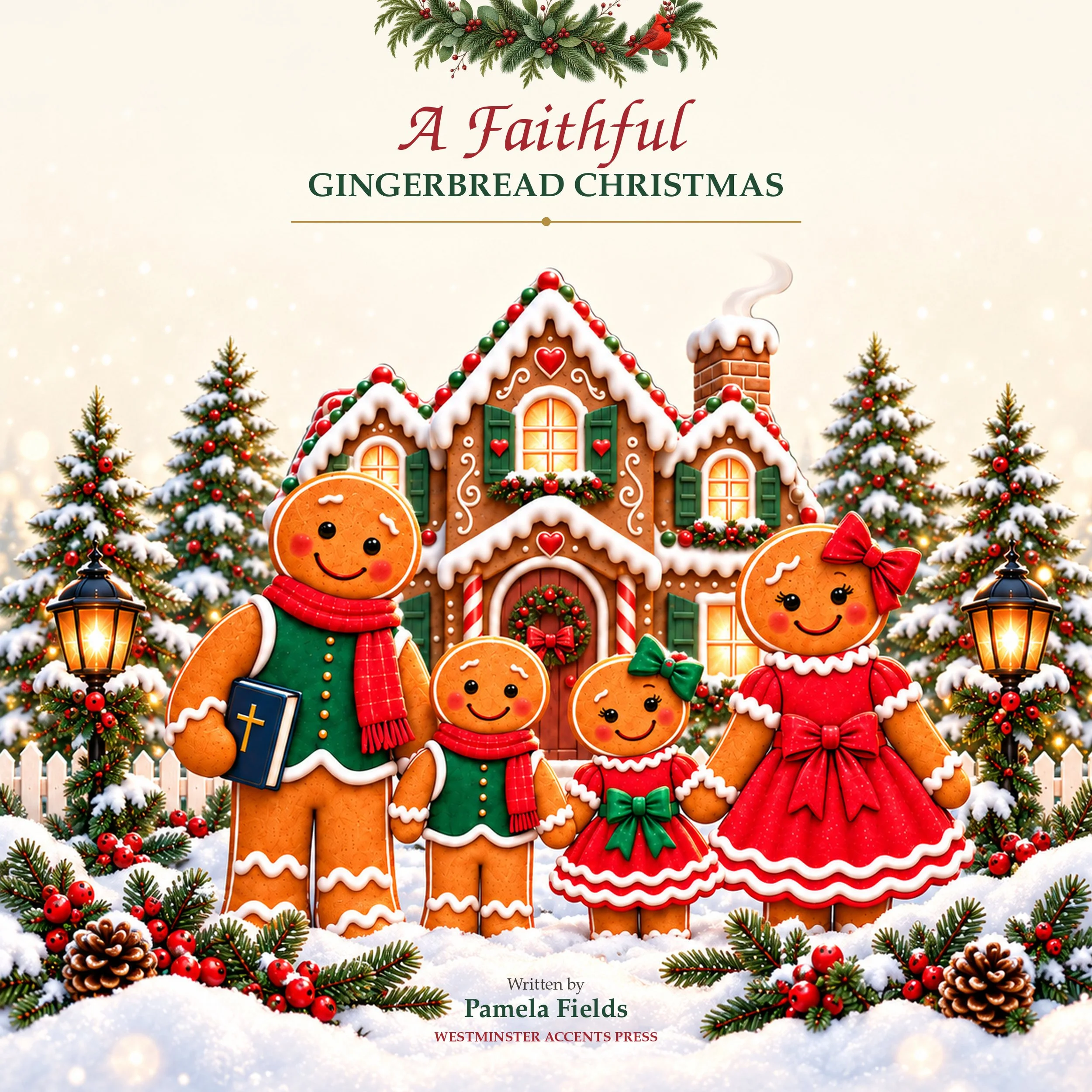 A Faithful Gingerbread Christmas children's picture book by Pamela Fields, published by Westminster Accents Press, featuring a gingerbread family, Christmas trees, and a festive gingerbread home.