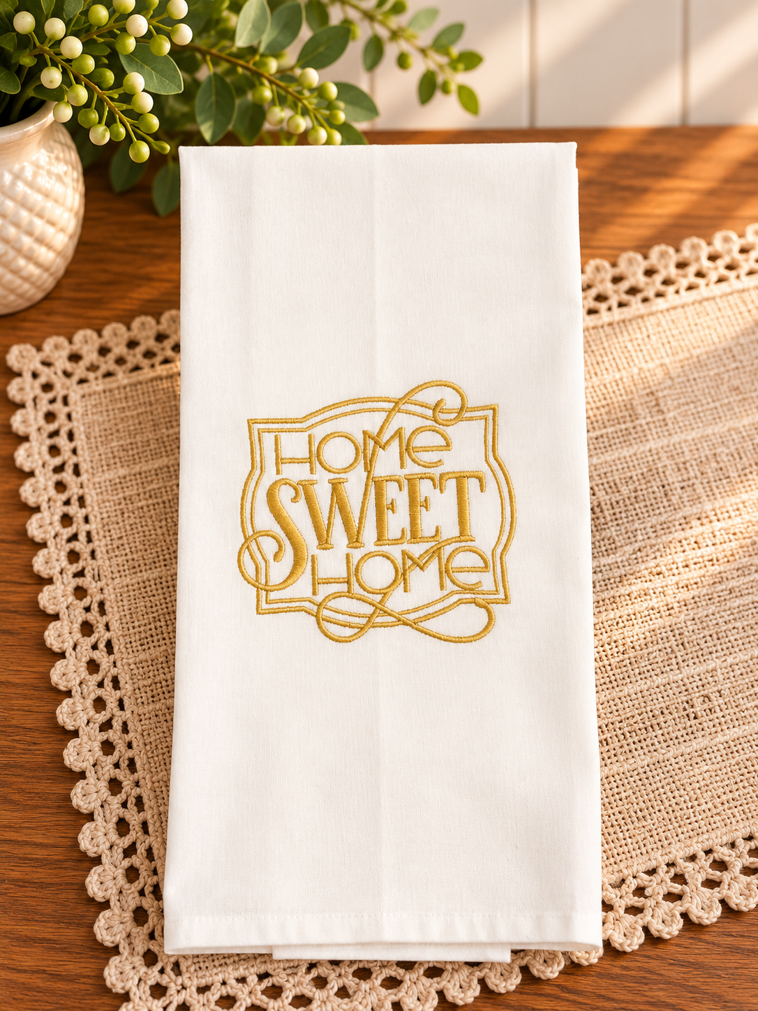 Ivory cotton tea towel featuring elegant Home Sweet Home embroidery in champagne gold, displayed on a wooden table with neutral linens.