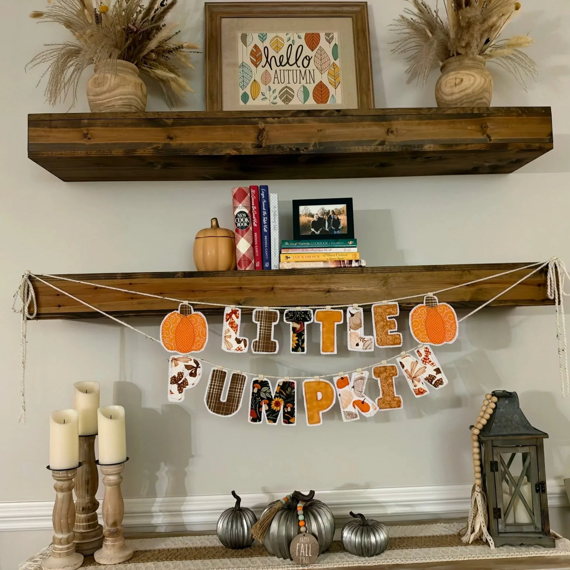 Handmade LITTLE PUMPKIN fabric letter banner with coordinating orange pumpkin accents, autumn cotton prints and fall mantel decorations.