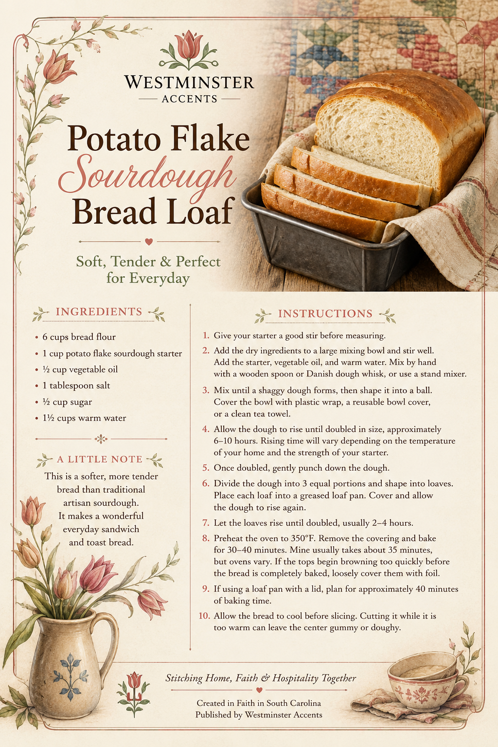 Potato flake sourdough bread recipe card from Westminster Accents