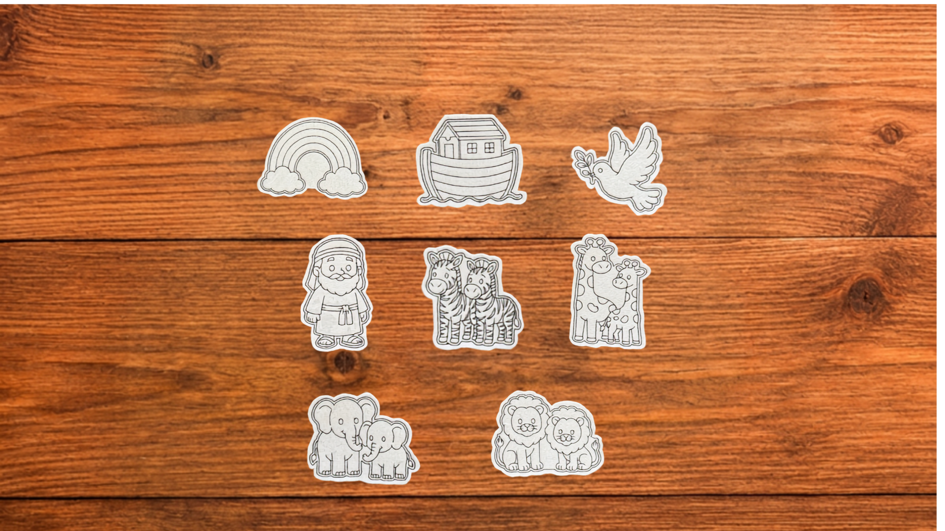 Noah set.pngEight reusable Noah’s Ark Coloring Cuties featuring Noah, the ark, a dove, a rainbow, zebras, giraffes, elephants, and lions.