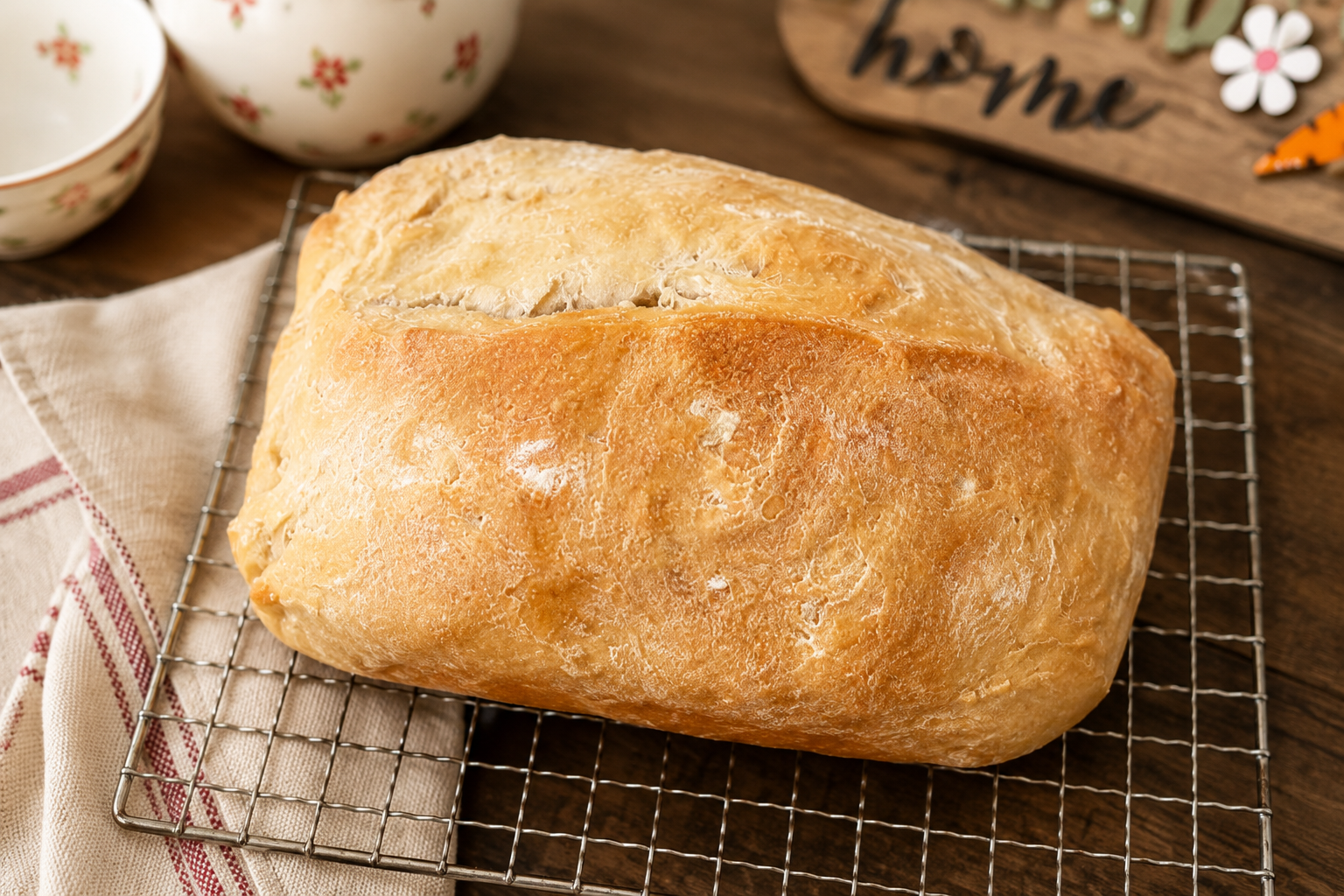 Homemade potato flake sourdough bread cooling on a wire rack
