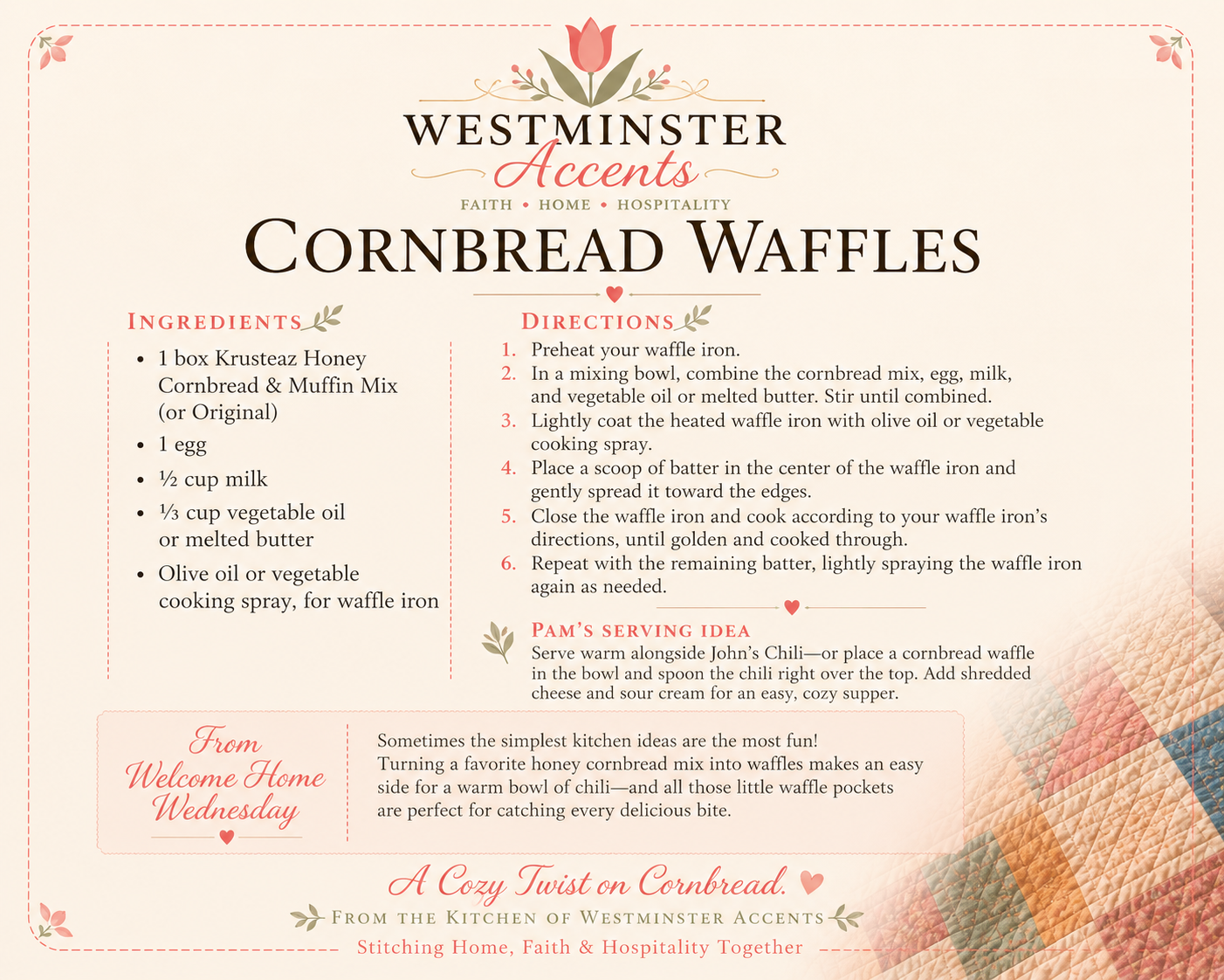Cornbread Waffles recipe card with ingredients, directions, and serving ideas from Westminster Accents
