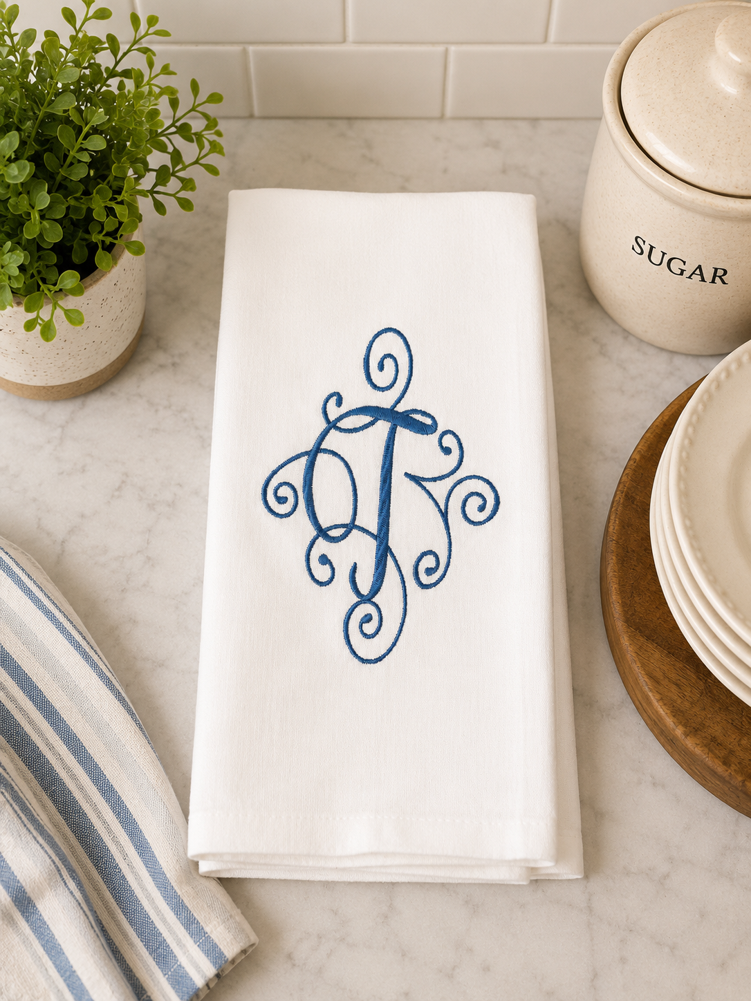 Swirl Monogram Embroidered Tea Towel | Personalized Initial
