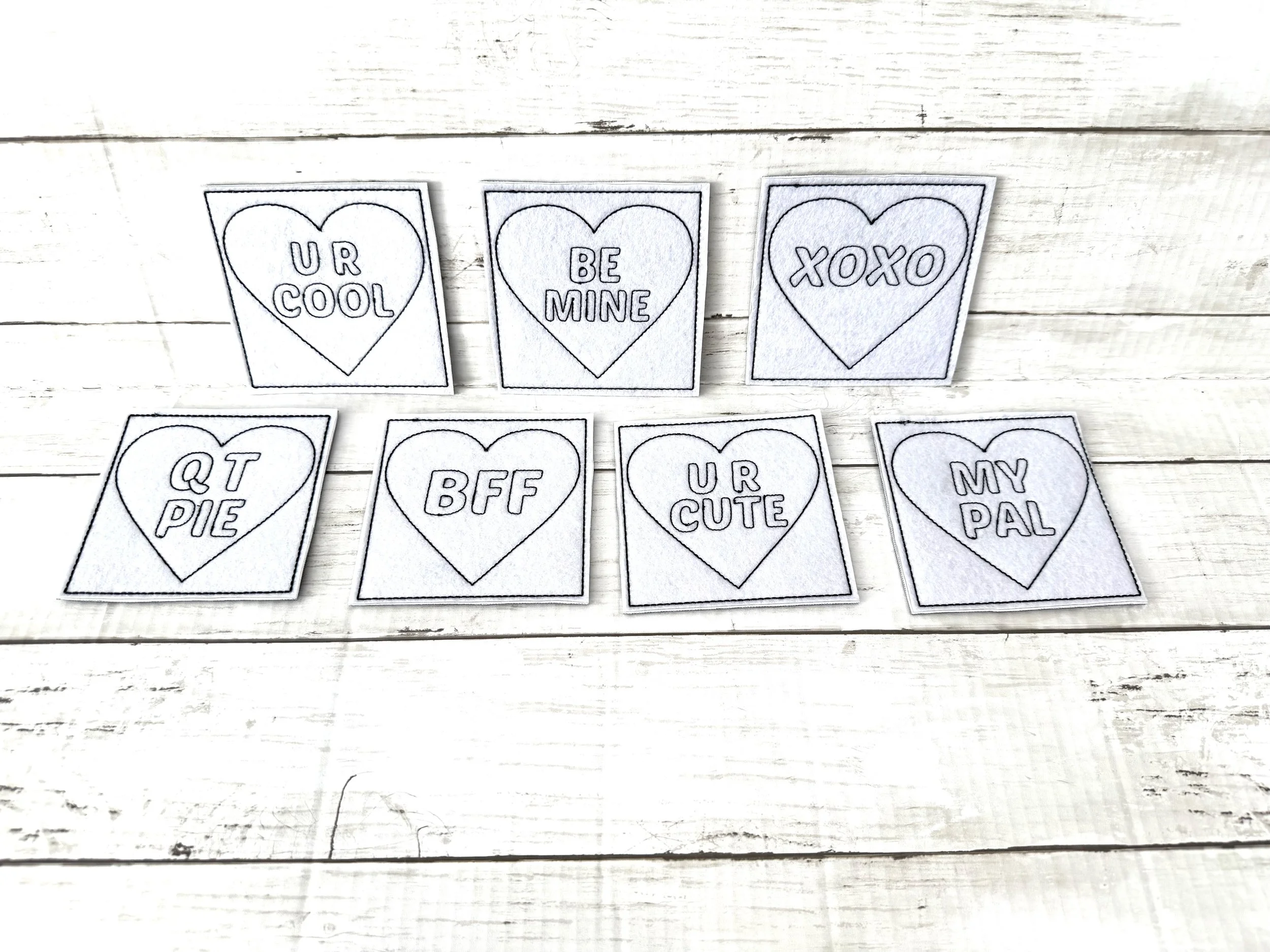 Set of 7 Valentine Conversational Hearts Color Cuties, Flat Coloring Valentines Cards, Erasable and Reusable Coloring Vinyl Sets