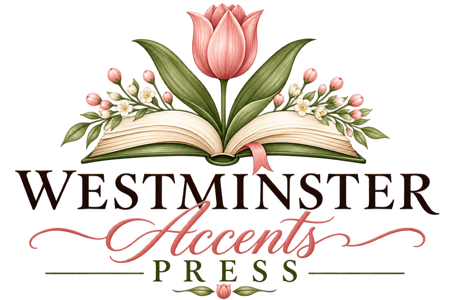 Westminster Accents Press logo featuring an open book, pink tulip, delicate flowers, and elegant lettering representing our faith-centered publishing collection.