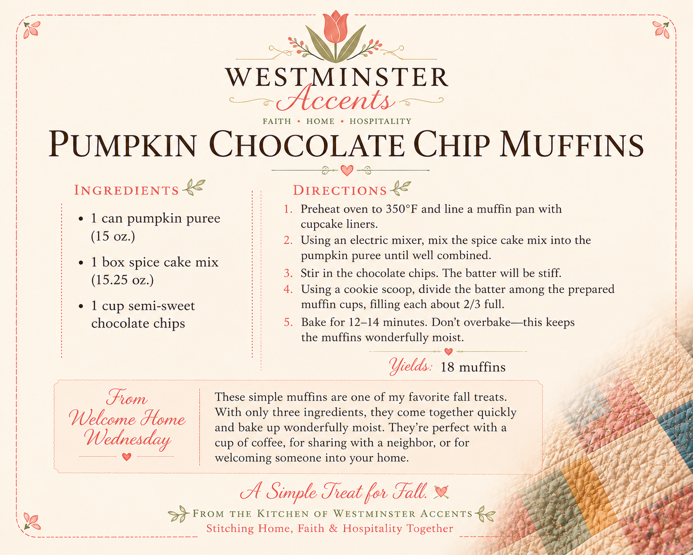 Printable Pumpkin Chocolate Chip Muffins recipe card from Westminster Accents