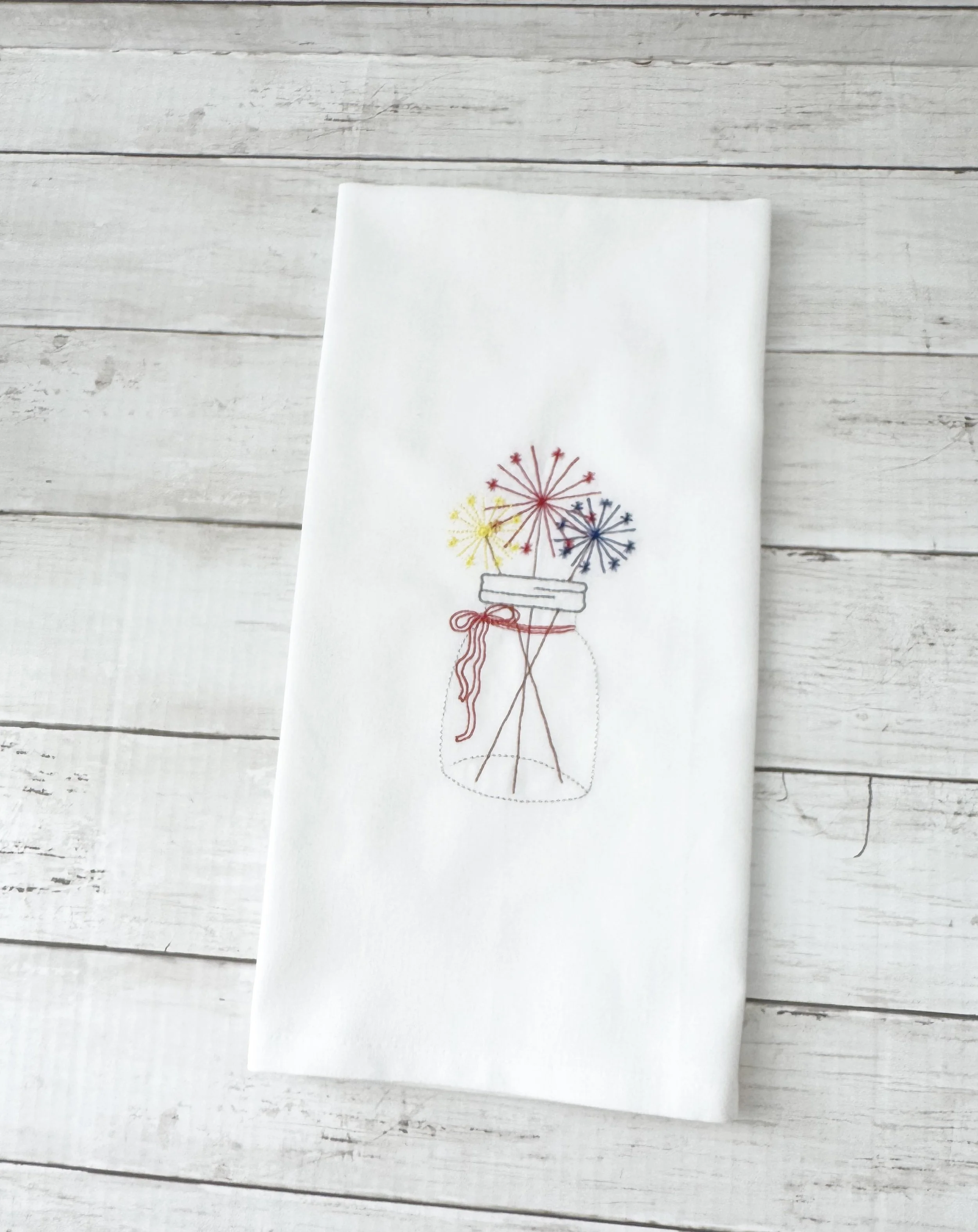 Sparklers Embroidered Tea Towel, Patriotic Jar Towel, Celebrate America