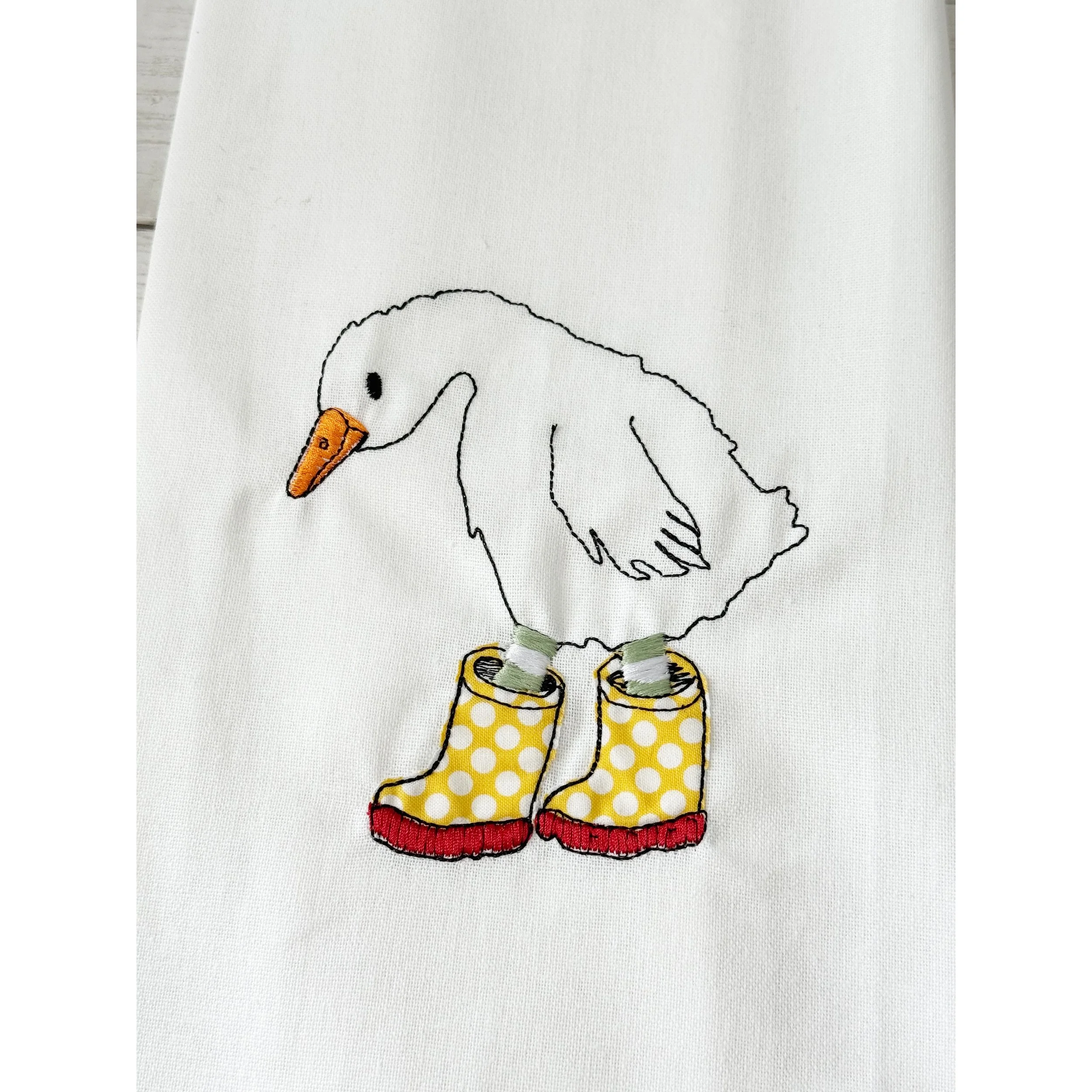Splashing About Embroidered Tea Towel, Rain Boots Wearing Goose
