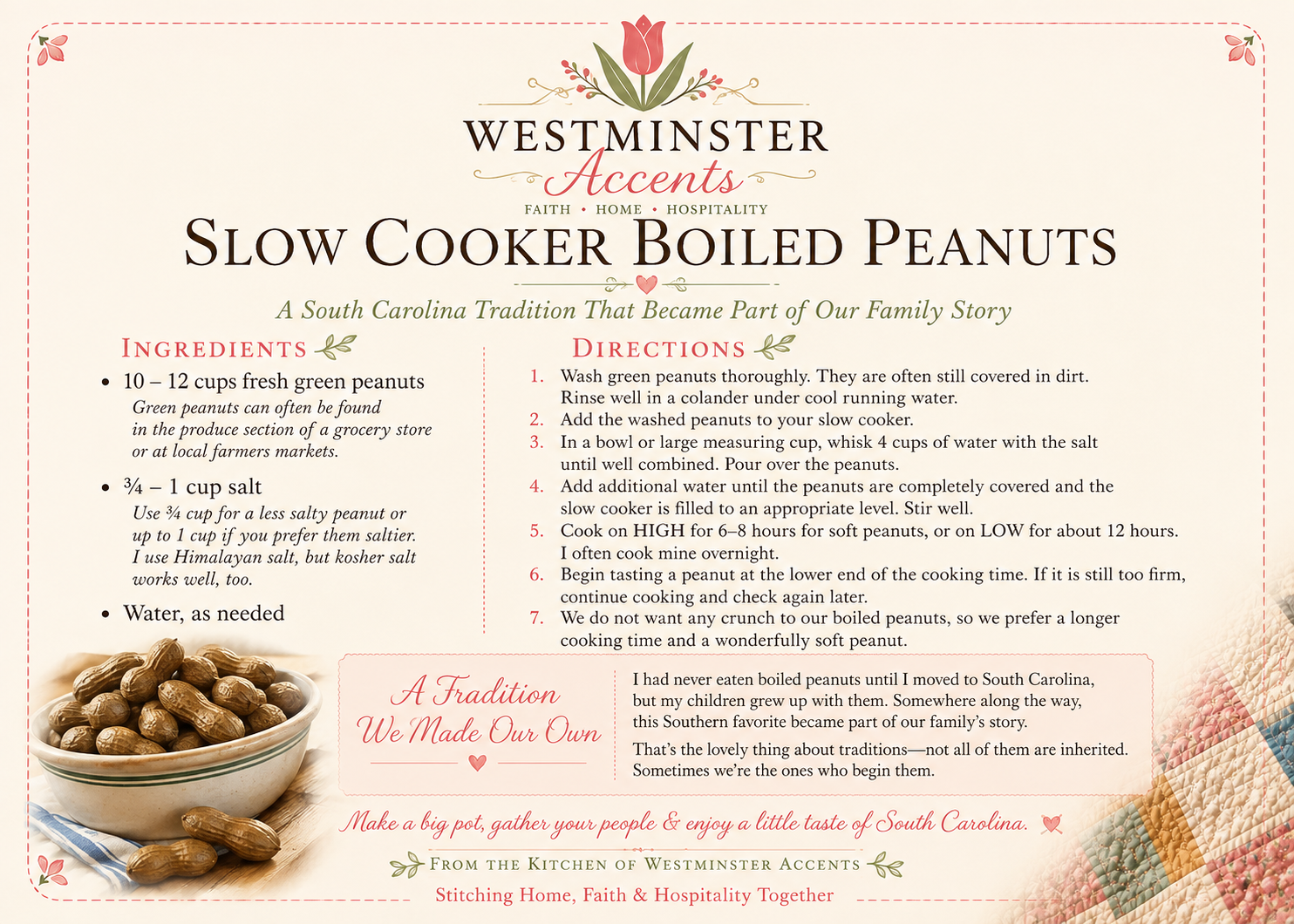 Homemade slow cooker boiled peanuts in a white bowl on a warm wood table, a South Carolina family favorite.