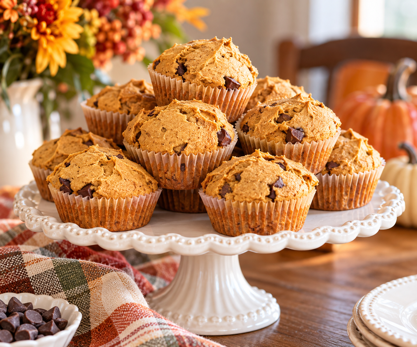 Homemade pumpkin chocolate chip muffins arranged on a white cake stand