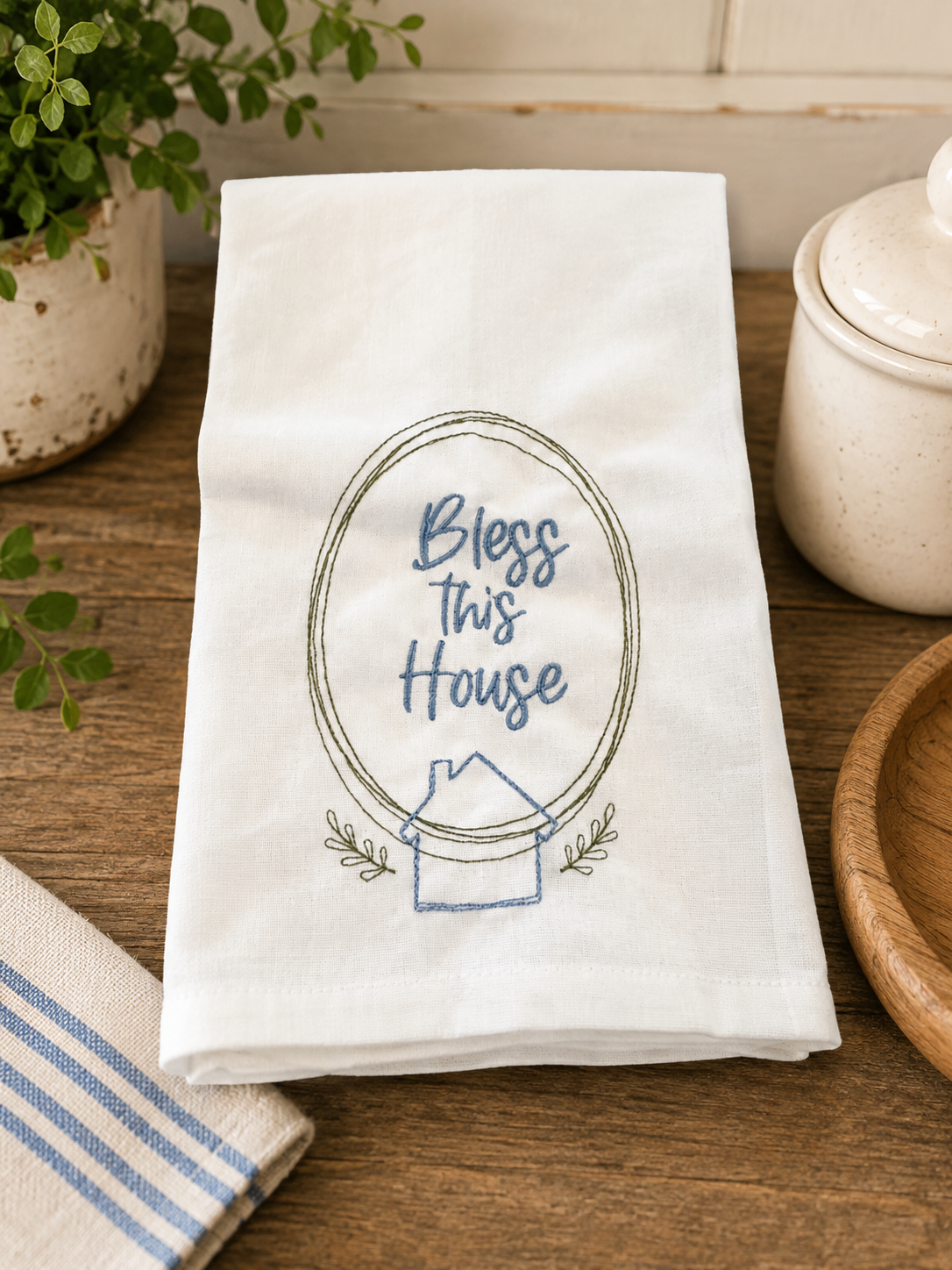 Bless This House Embroidered Tea Towel | Christian Housewarming Gift