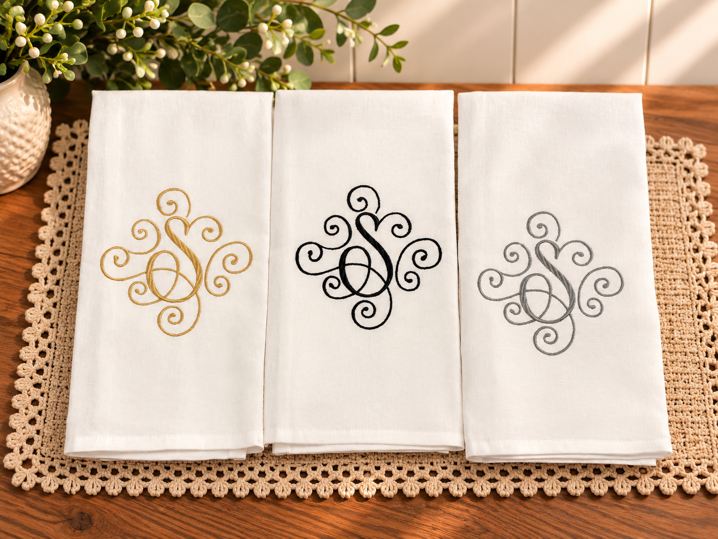 Swirl Monogram Embroidered Tea Towel | Personalized Initial
