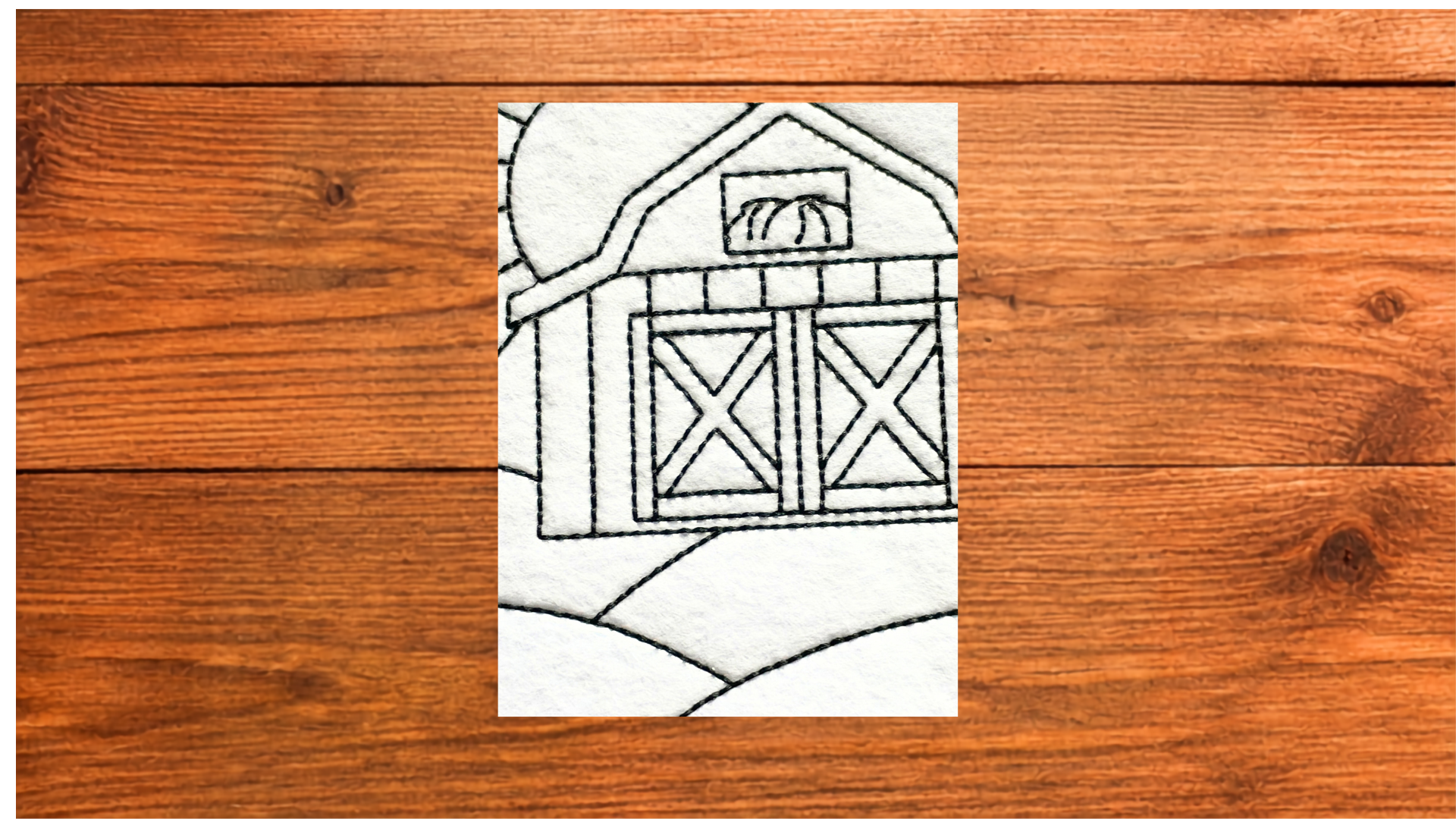 Close-up of reusable Barn Landscape Coloring Cutie showing stitched barn and country scene details
