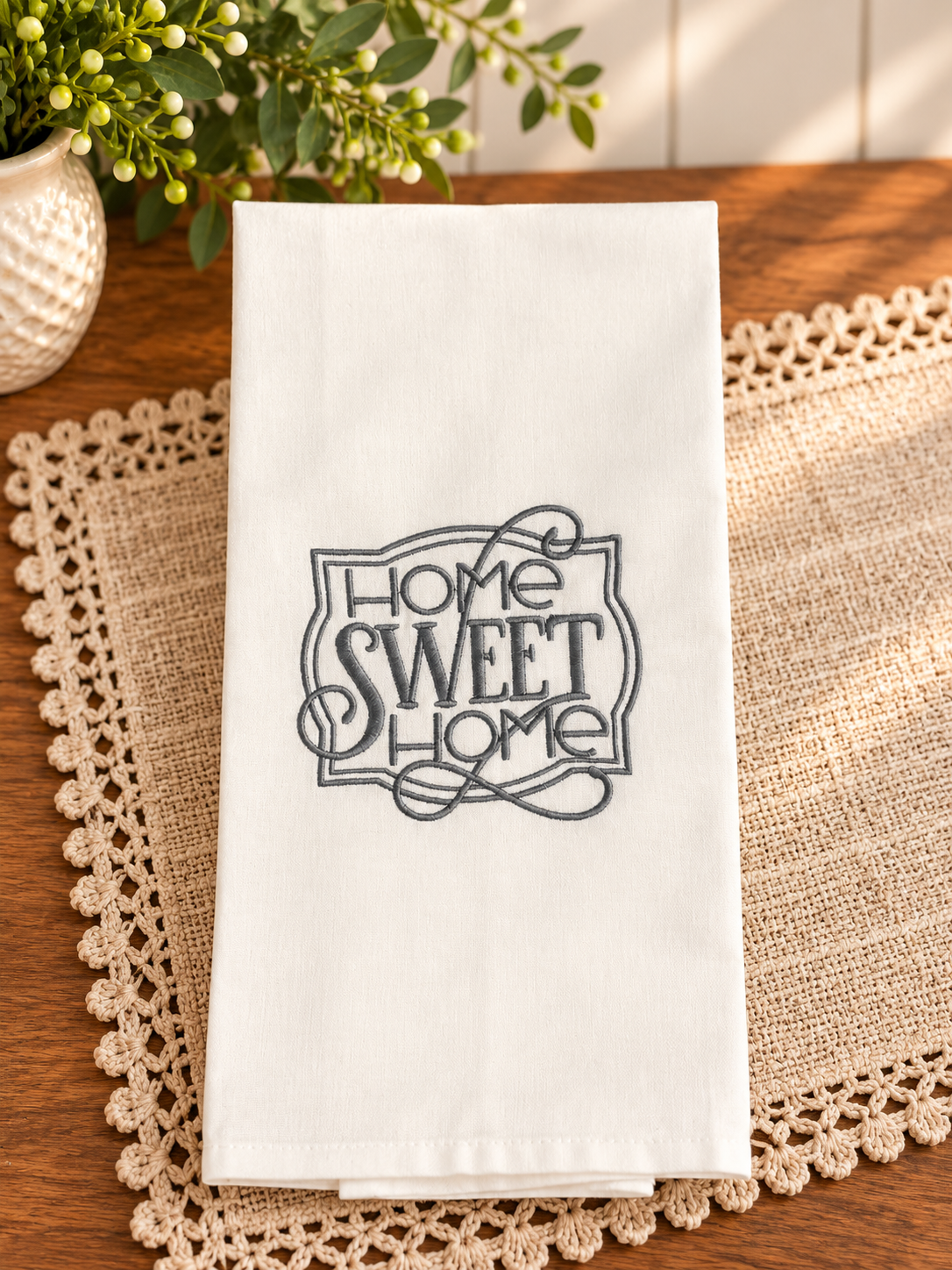 Ivory cotton tea towel with ornate Home Sweet Home lettering and decorative frame embroidered in slate gray, styled with neutral linens.