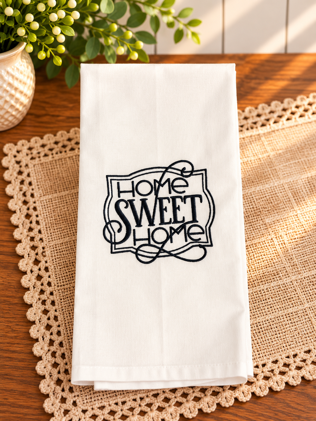 Ivory cotton tea towel with decorative Home Sweet Home lettering and frame embroidered in navy blue, styled on a warm wooden table.