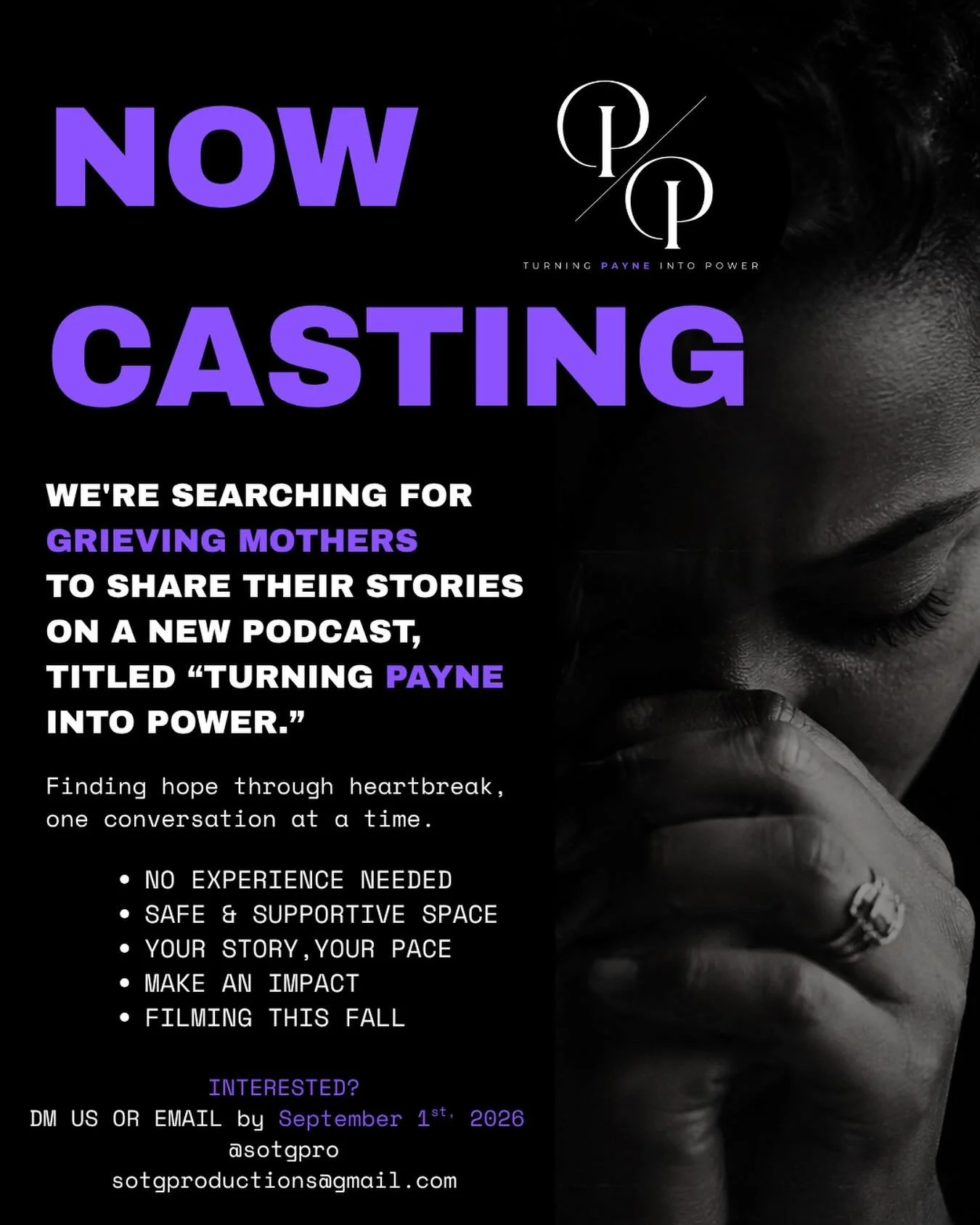 NOW CASTING

Hello everyone! We&rsquo;re seeking grieving mothers who are willing to share their stories. Started and hosted by a grieving mother, this is a space for genuine, open and honest conversation. 

You don&rsquo;t need to have the perfect w