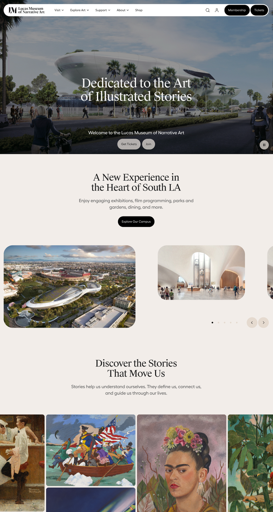 Homepage of the Lucas Museum of Narrative Art. Features a modern building with a rounded design, palm trees, and people outside. Text overlay states 'Dedicated to the Art of Illustrated Stories.' The site promotes engaging exhibitions, campus exploration, and storytelling.