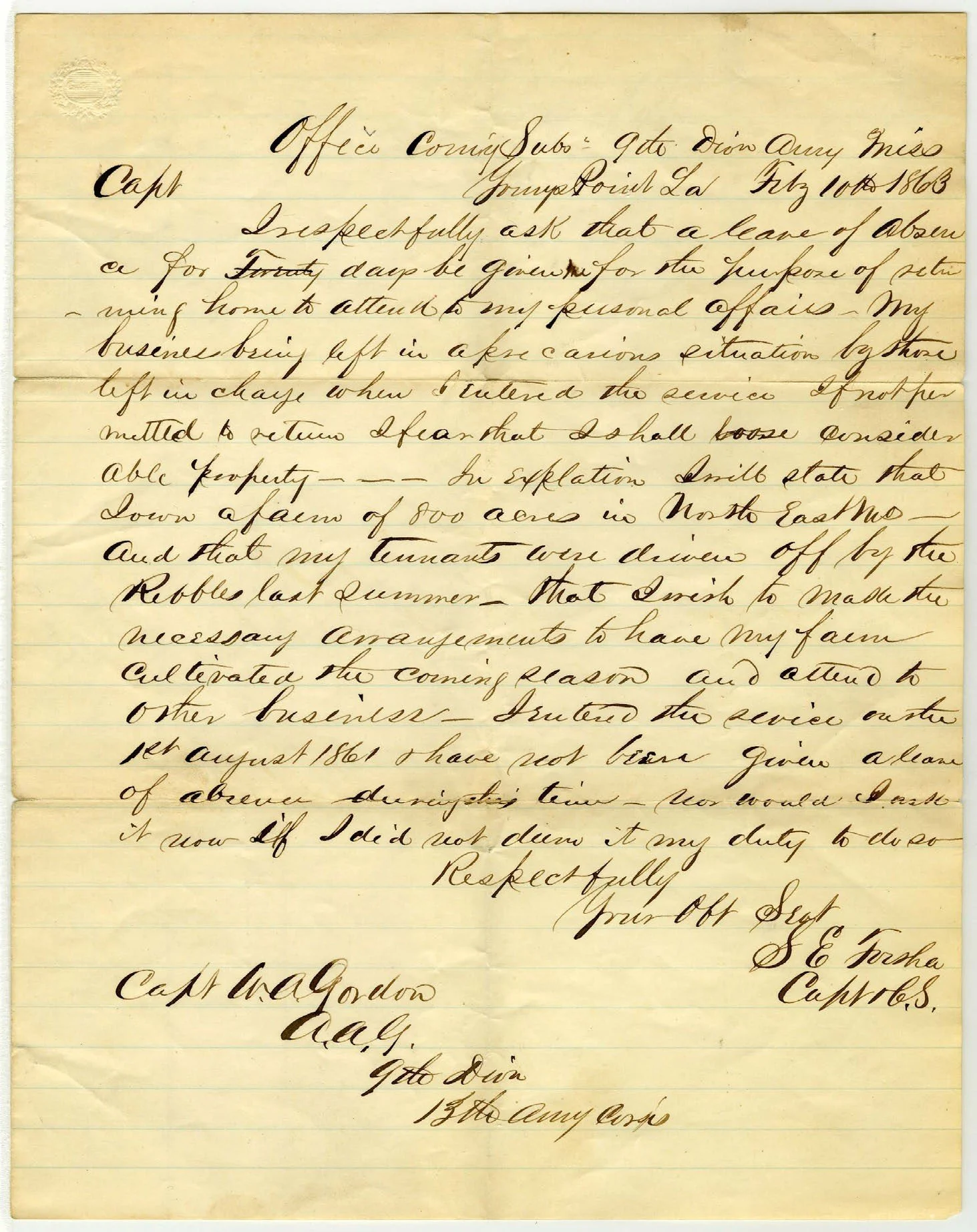 Handwritten letter by Union Capt. Stiles E. Forsha at Young's Point, Louisiana, February 1863, asking for forty days' leave to go home to his farm in northeast Missouri. California State University, Northridge.
