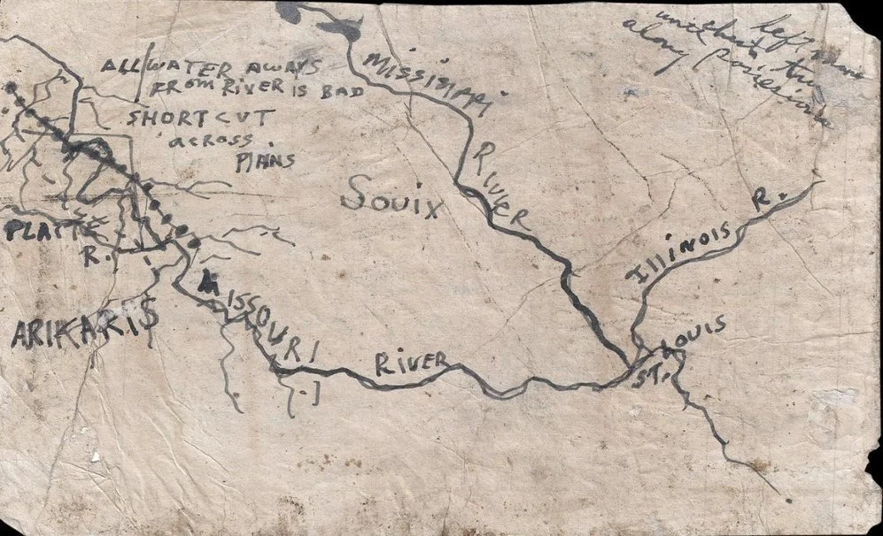 Front of a hand-drawn Oregon Trail emigrant map, circa 1851, marking St. Louis, the Missouri and Platte rivers, Sioux and Arikara country, a "short cut across plains" and the note "All water away from river is bad."