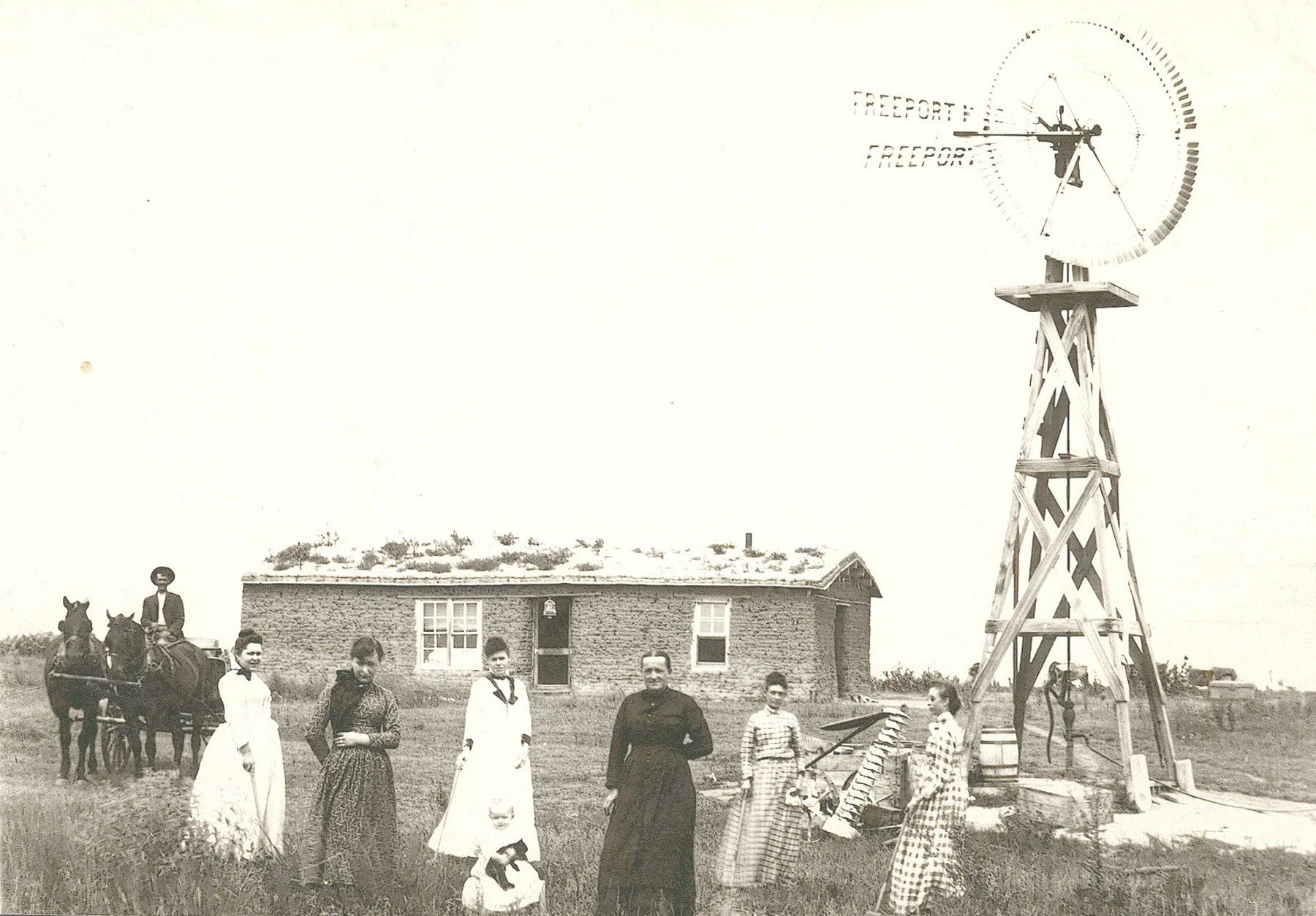 Six women and a small child stand before a sod house with grass on its roof near Norcatur, Decatur County, Kansas, 1880s, with a horse-drawn wagon at left and a windmill at right. Kansas Historical Society.